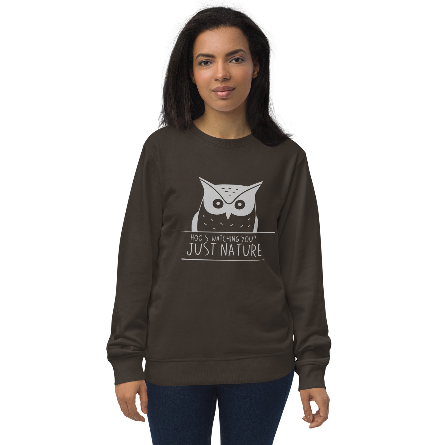 Unisex Organic Sweatshirt: 'Hoo's Watching You? Just Nature' | Sustainable Owl Fashion USA Deep Charcoal Grey Dudeily