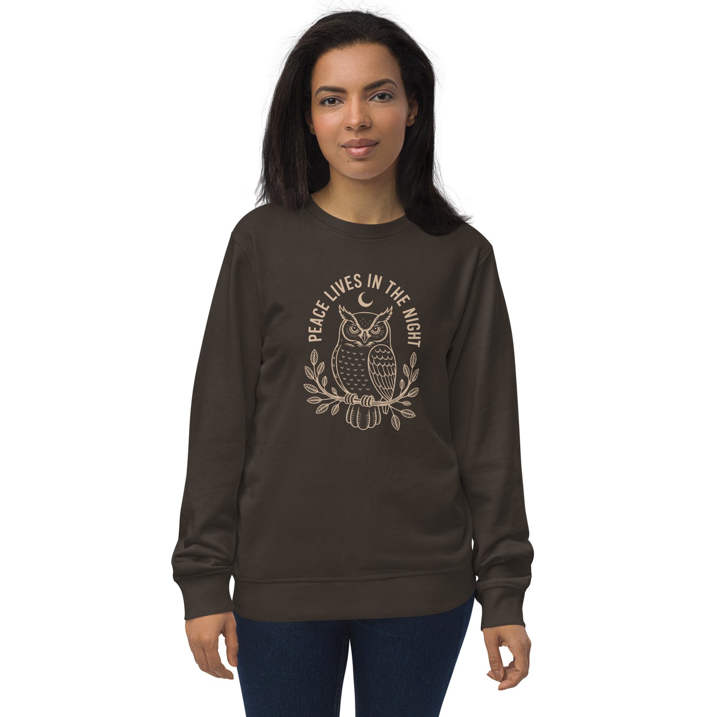 Unisex Organic Sweatshirt: 'Peace in the Night' in Fall | Sustainable Owl Fashion USA Deep Charcoal Grey Dudeily
