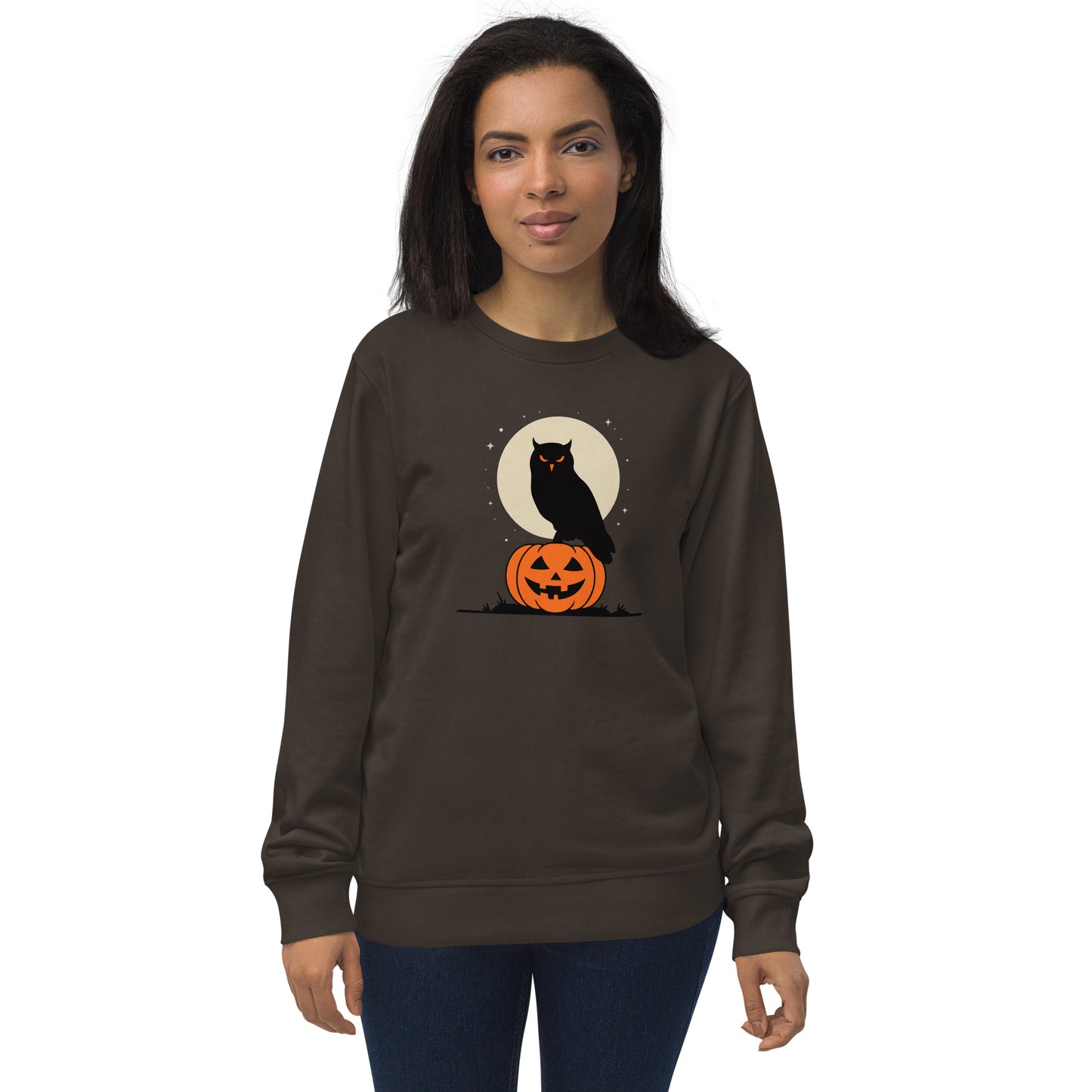 Unisex Organic Sweatshirt: Halloween Owl Cozy Eco-Friendly Style USA Deep Charcoal Grey Dudeily