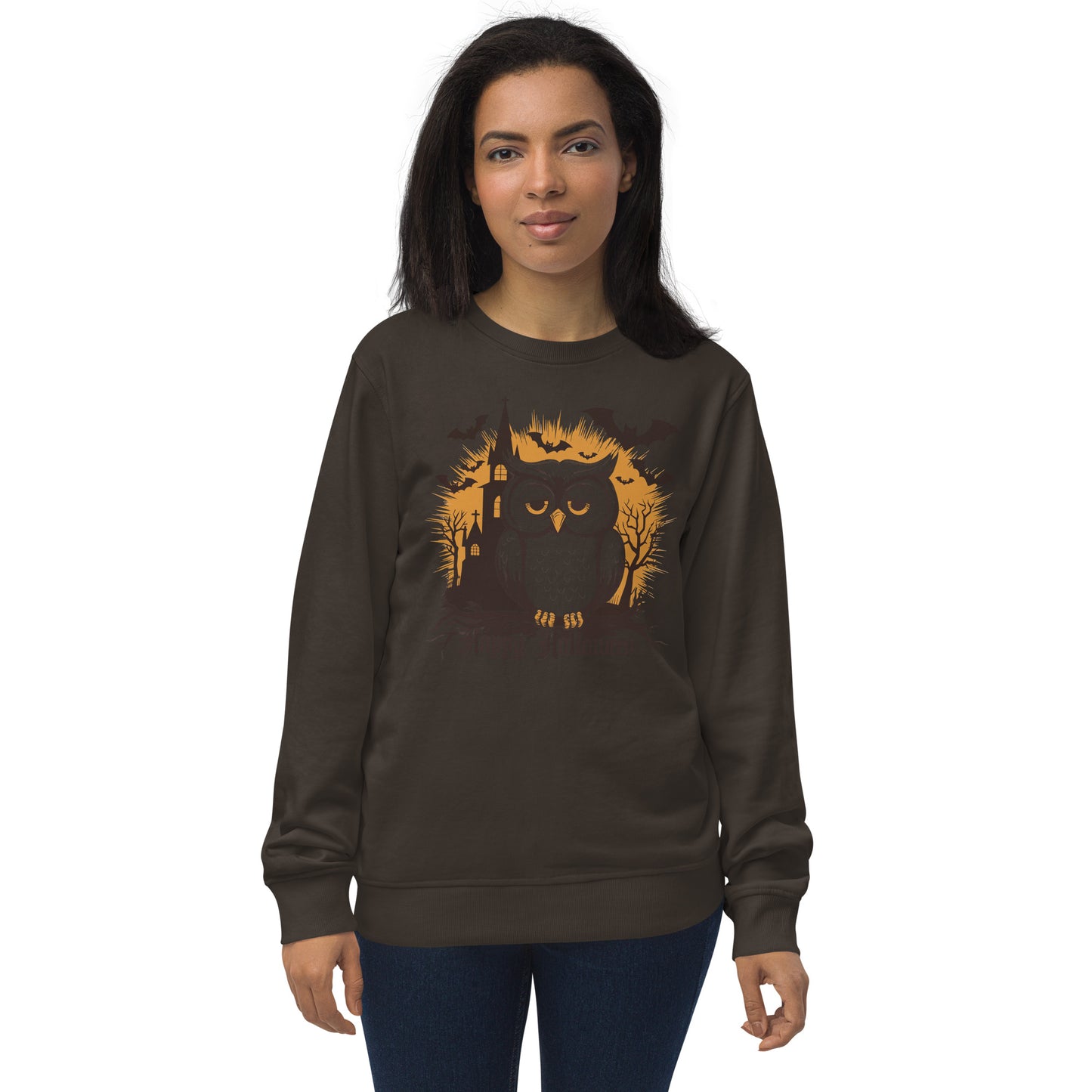 Unisex Organic Sweatshirt: Halloween Owl Cozy Eco-Friendly Style USA Deep Charcoal Grey Dudeily