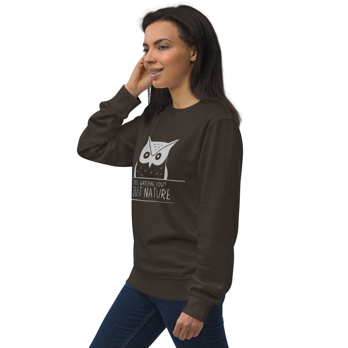 Unisex Organic Sweatshirt: 'Hoo's Watching You? Just Nature' | Sustainable Owl Fashion USA Dudeily