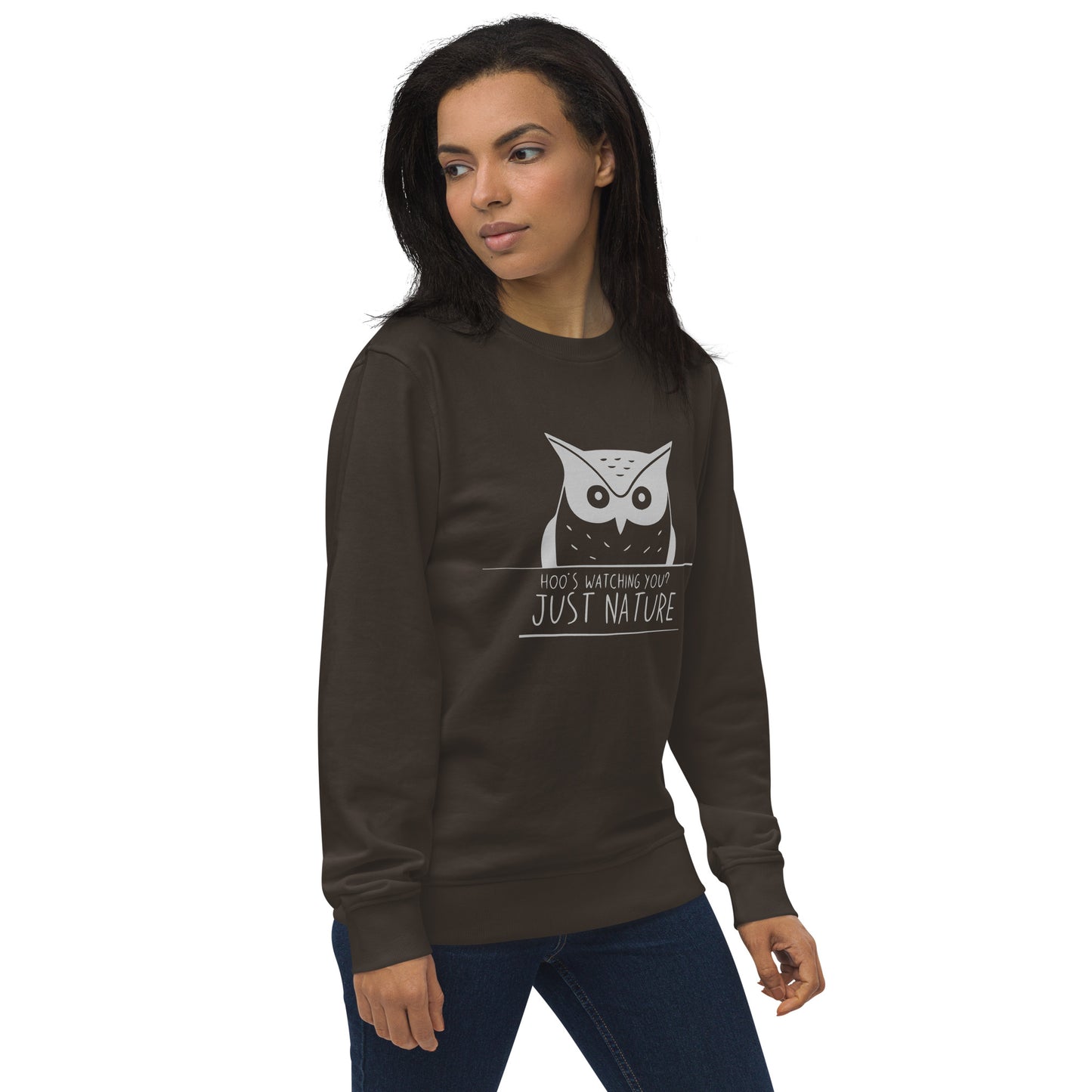 Unisex Organic Sweatshirt: 'Hoo's Watching You? Just Nature' | Sustainable Owl Fashion USA Dudeily
