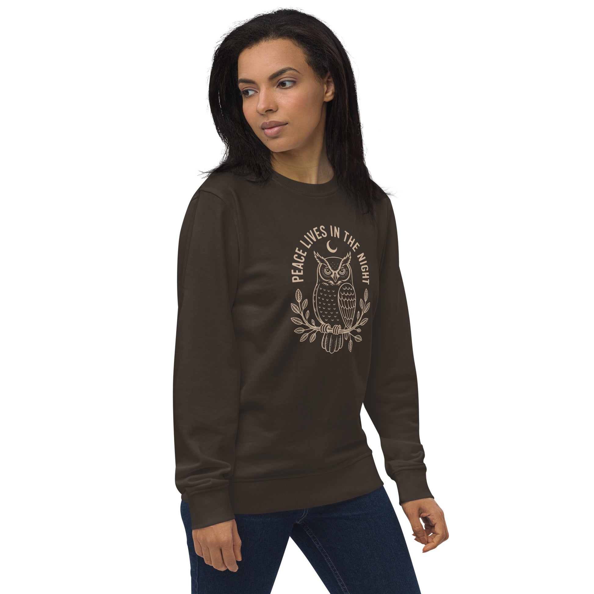 Unisex Organic Sweatshirt: 'Peace in the Night' in Fall | Sustainable Owl Fashion USA Dudeily