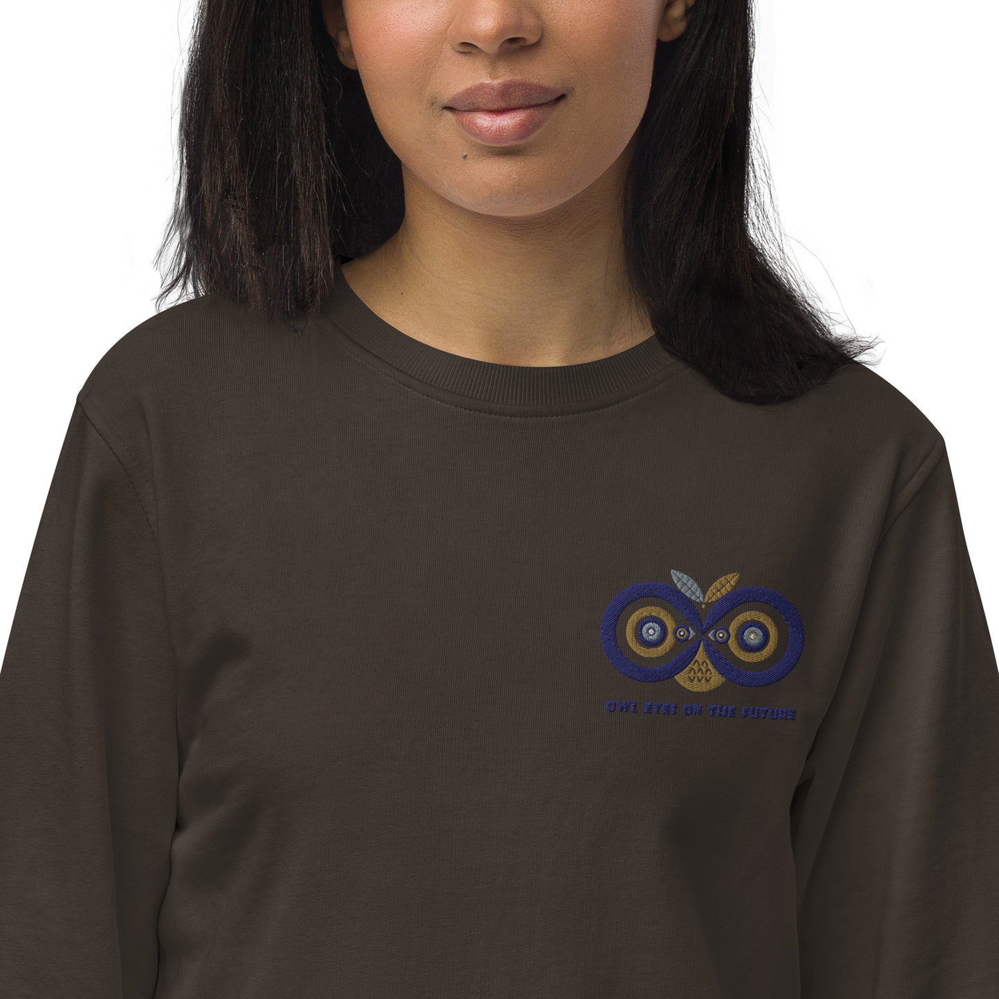 Unisex Organic Sweatshirt: Owl Eyes on the Future | Owl Embroidered Sustainable Fashion USA Dudeily