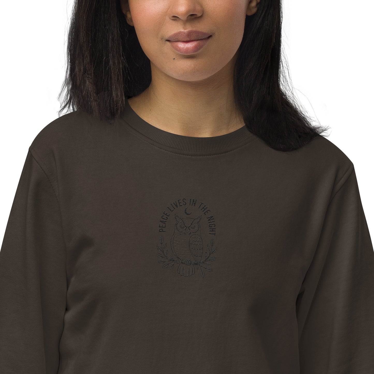 Owl Unisex Organic Sweatshirt – 'Peace Lives in the Night' in Fall | Sustainable Fashion USA Dudeily