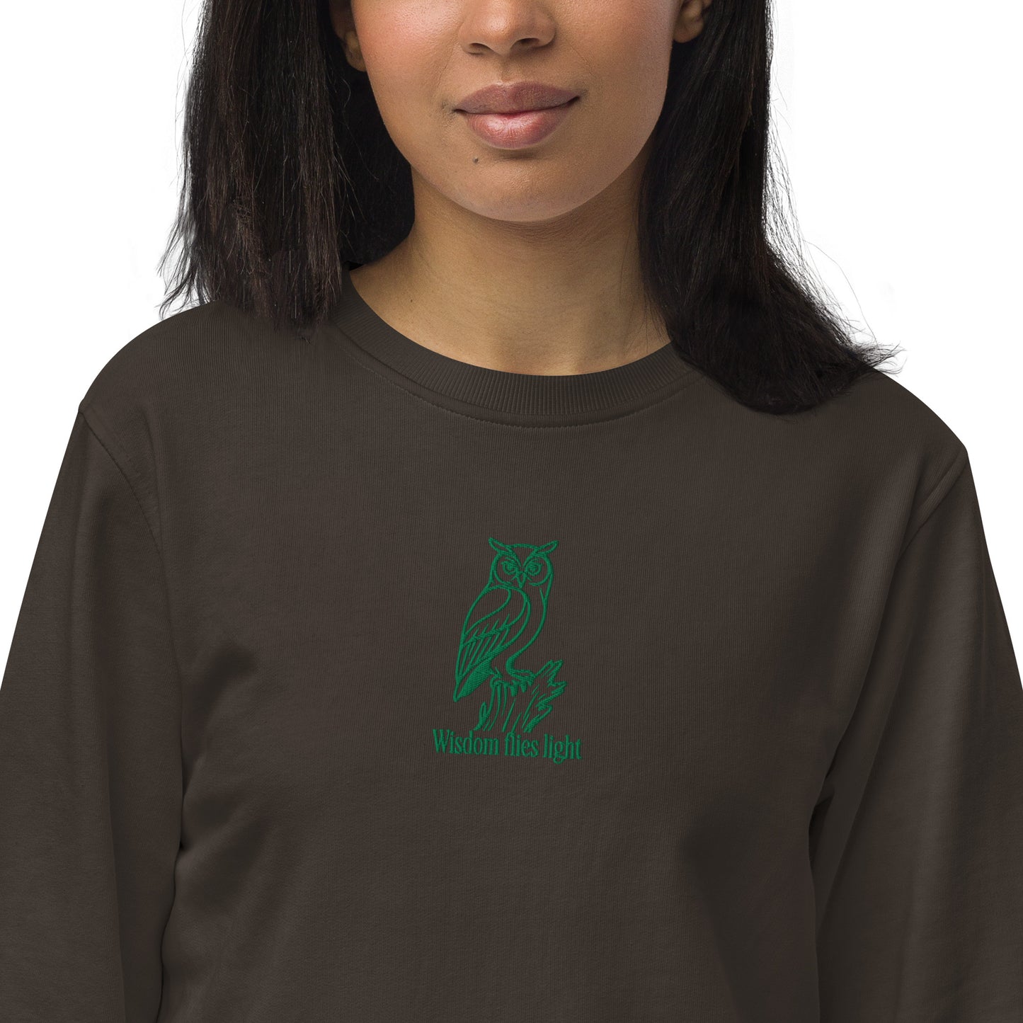 Owl Unisex Organic Sweatshirt: 'Wisdom Flies Light' in Fall | Sustainable Fashion USA Dudeily