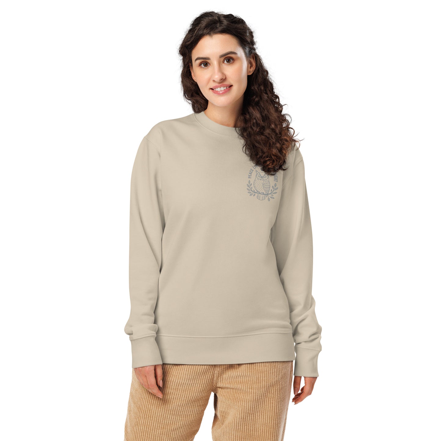 Owl Unisex Organic Sweatshirt-'Peace Lives in the Night' in Fall | Sustainable Fashion USA Desert Dust Dudeily