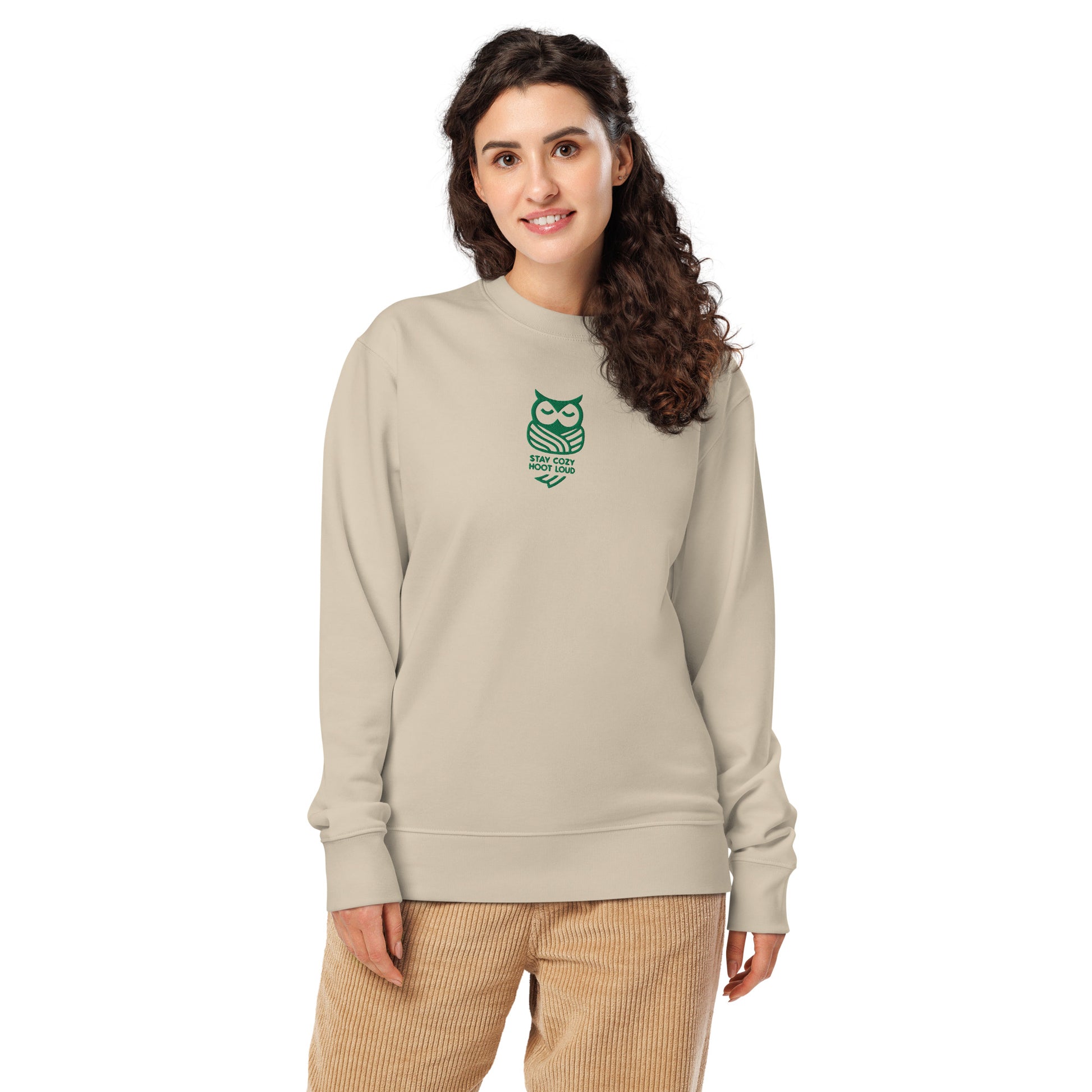 Unisex Organic Sweatshirt: "Stay Cozy Hoot Loud" in Fall | Sustainable Owl Fashion USA Dudeily