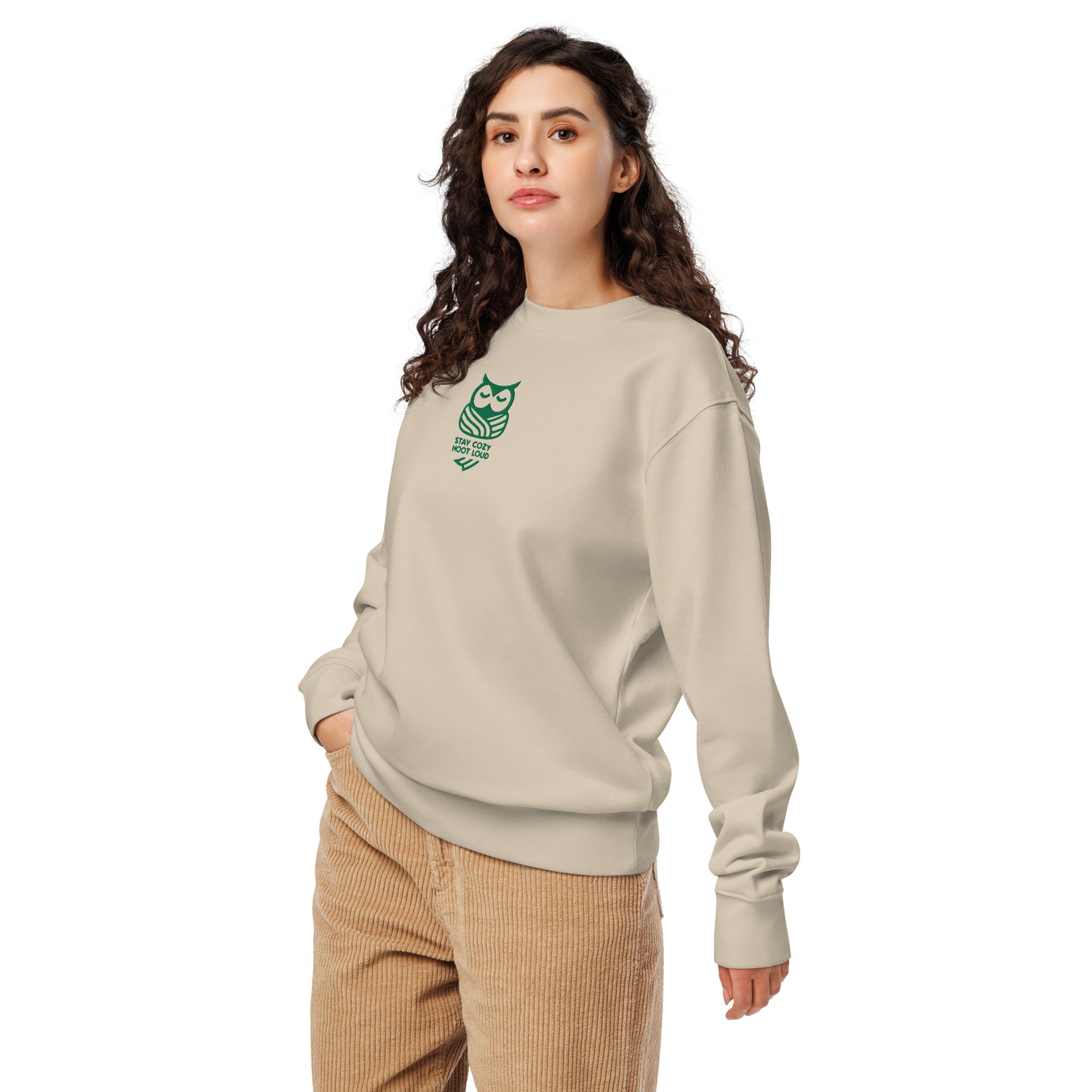 Unisex Organic Sweatshirt: "Stay Cozy Hoot Loud" in Fall | Sustainable Owl Fashion USA Dudeily