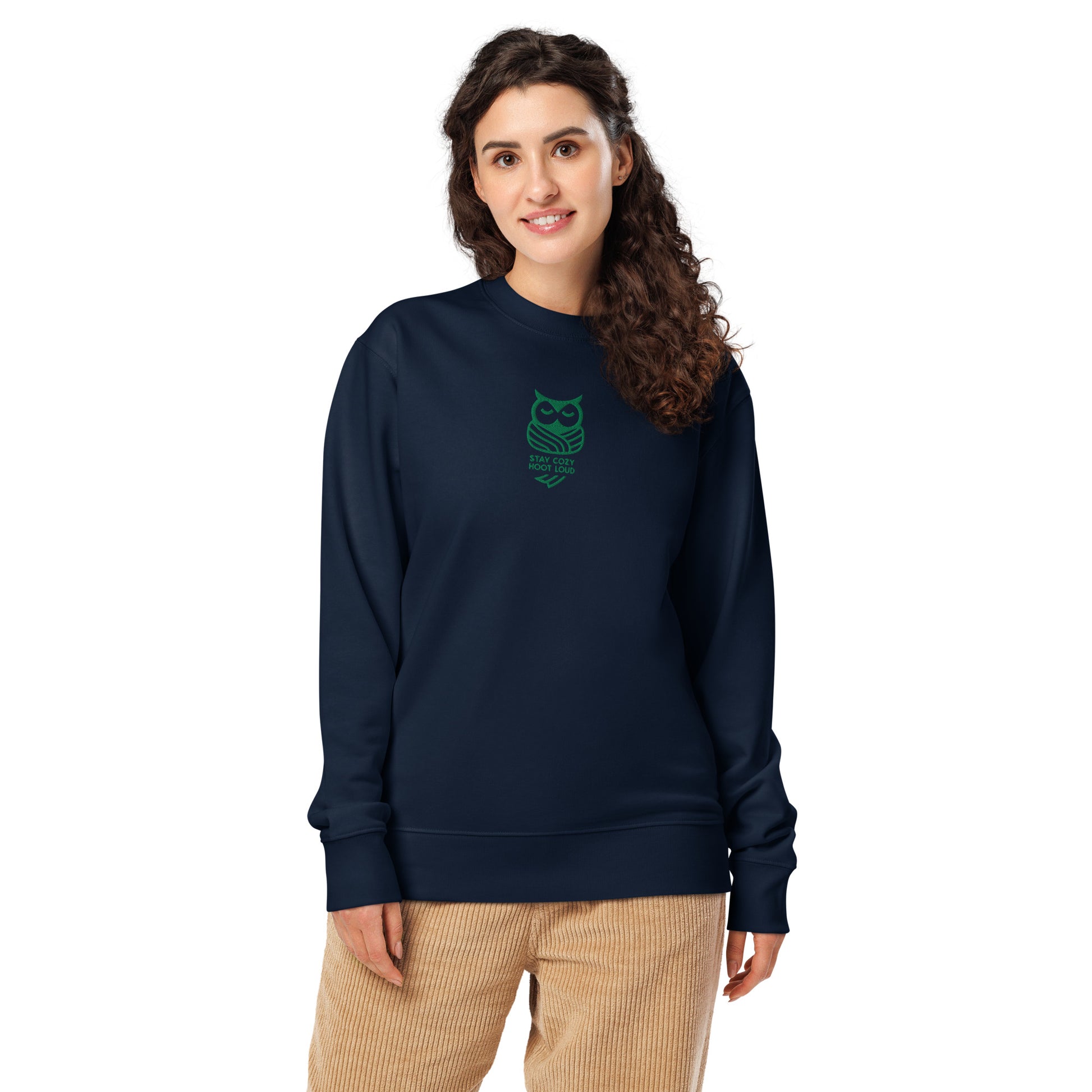 Unisex Organic Sweatshirt: "Stay Cozy Hoot Loud" in Fall | Sustainable Owl Fashion USA Dudeily