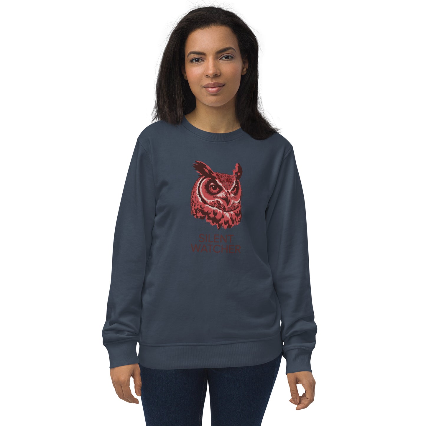 Unisex Organic Sweatshirt: 'Silent Watcher' in Fall | Ethical Owl Clothing USA French Navy Dudeily