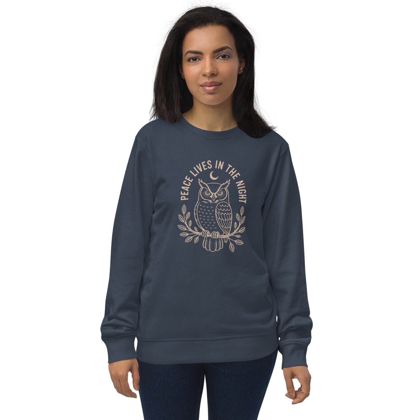 Unisex Organic Sweatshirt: 'Peace in the Night' in Fall | Sustainable Owl Fashion USA French Navy Dudeily