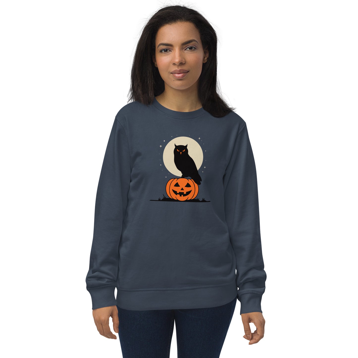 Unisex Organic Sweatshirt: Halloween Owl Cozy Eco-Friendly Style USA French Navy Dudeily