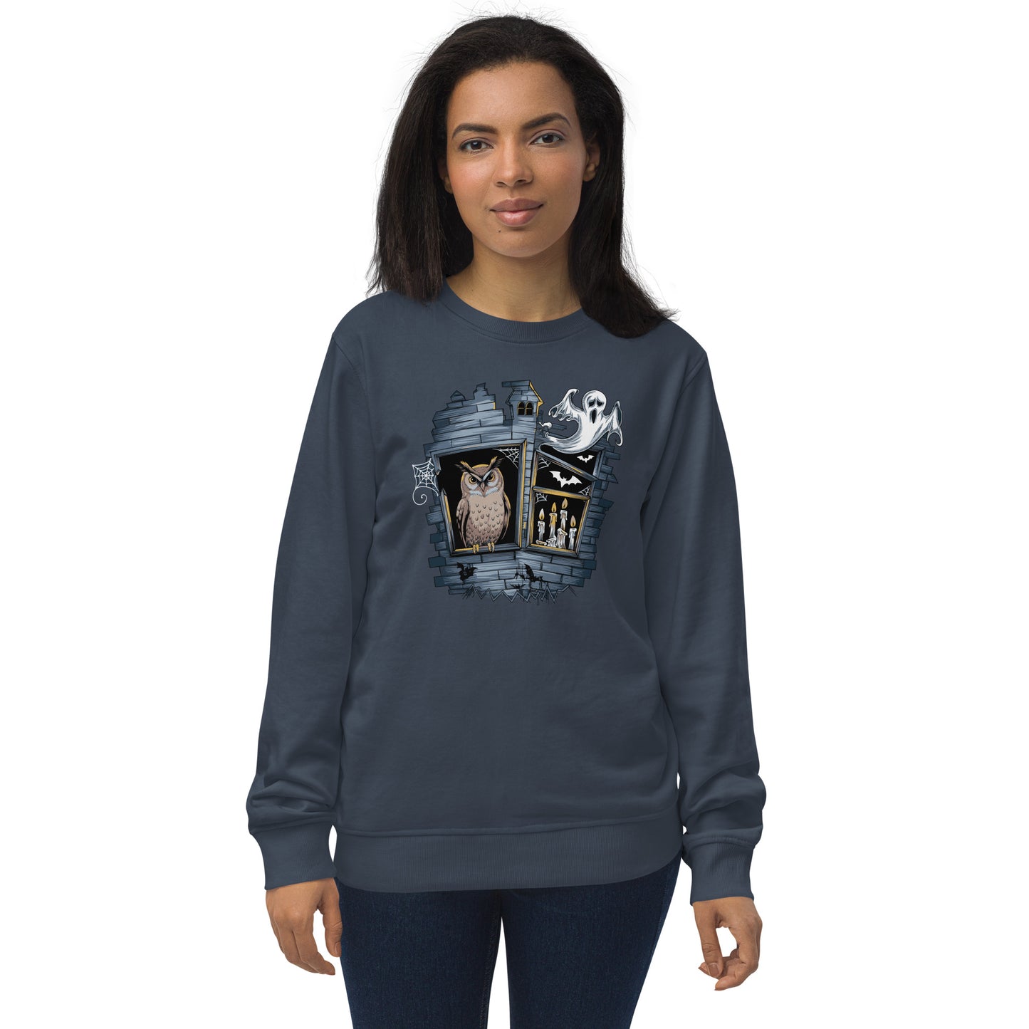 Unisex Organic Sweatshirt: Halloween Owl Cozy Eco-Friendly Style USA French Navy Dudeily