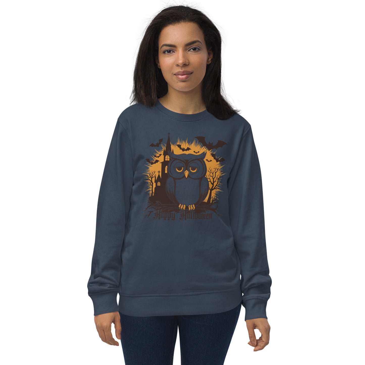 Unisex Organic Sweatshirt: Halloween Owl Cozy Eco-Friendly Style USA French Navy Dudeily