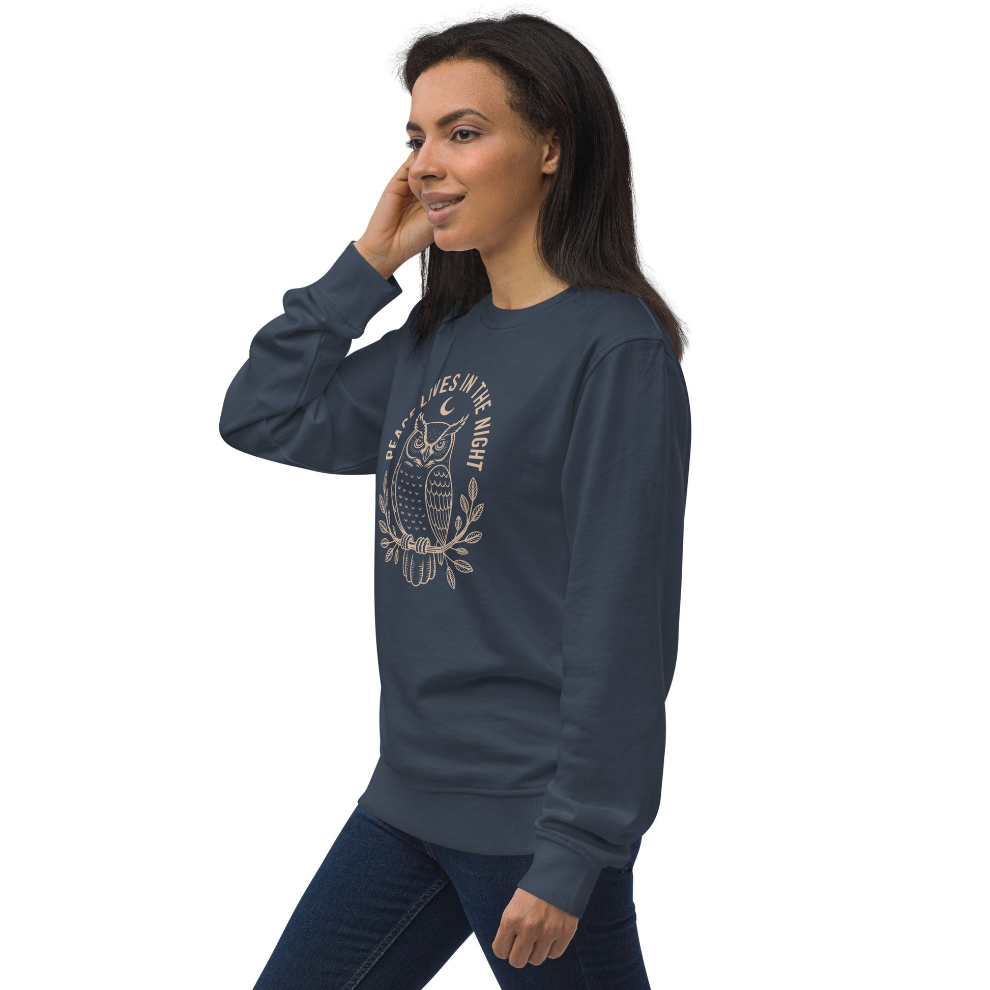 Unisex Organic Sweatshirt: 'Peace in the Night' in Fall | Sustainable Owl Fashion USA Dudeily