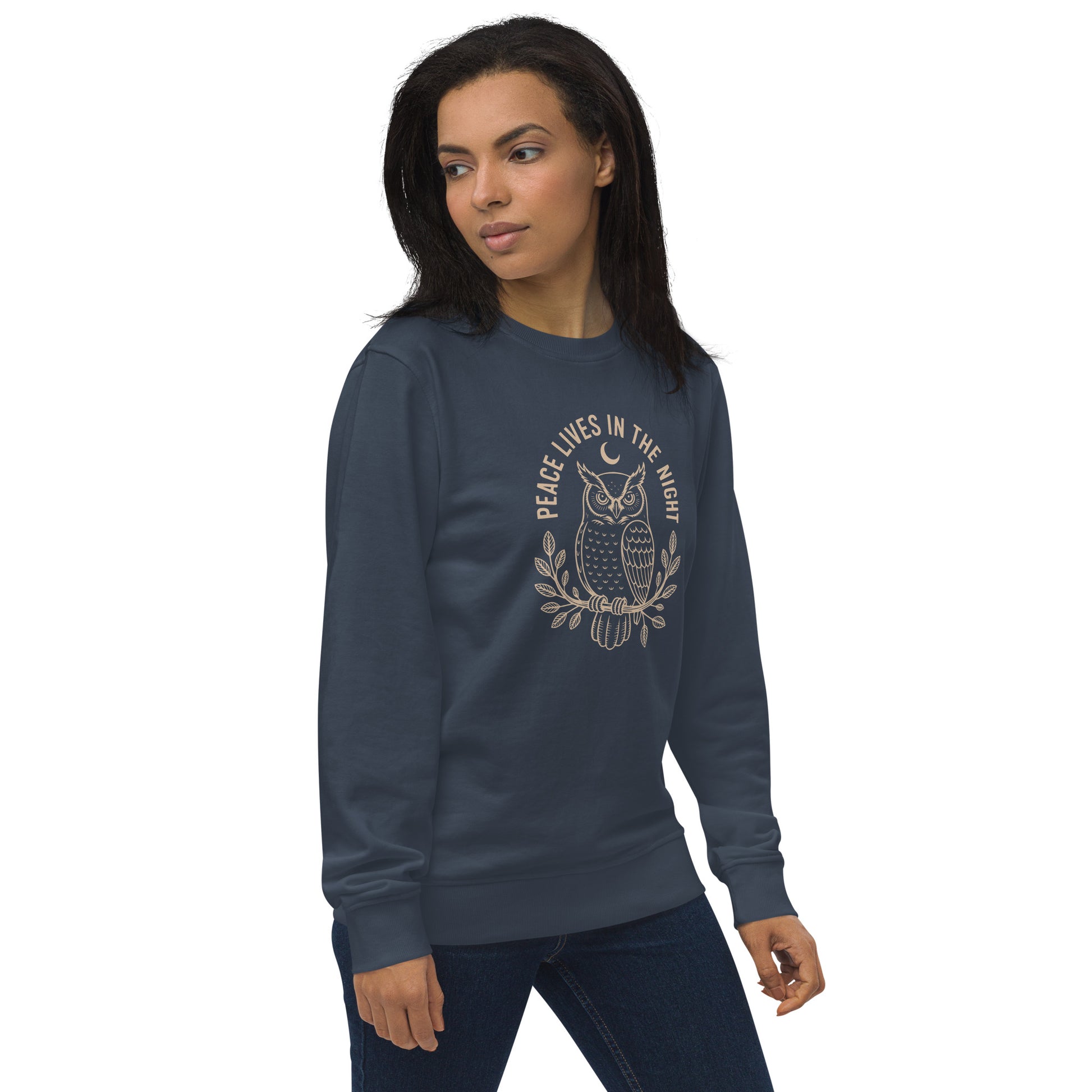 Unisex Organic Sweatshirt: 'Peace in the Night' in Fall | Sustainable Owl Fashion USA Dudeily
