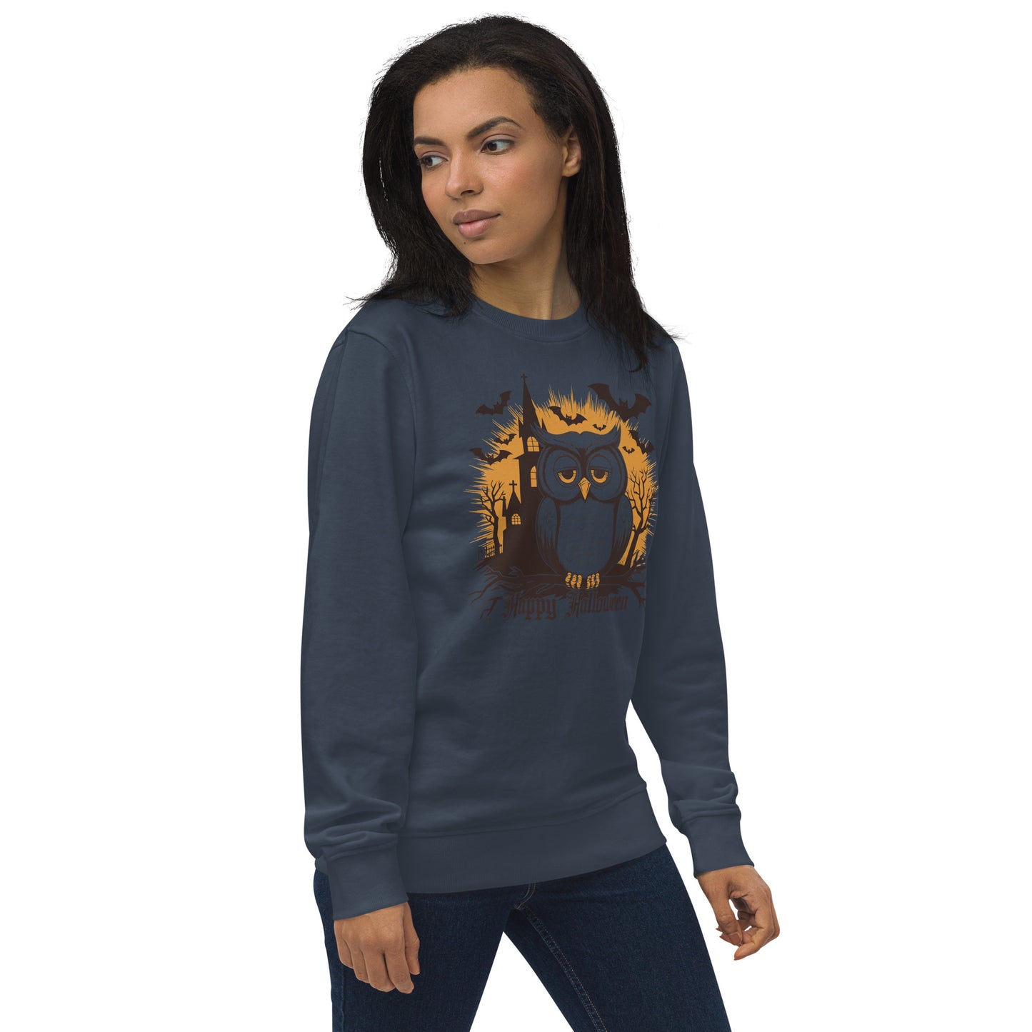 Unisex Organic Sweatshirt: Halloween Owl Cozy Eco-Friendly Style USA Dudeily