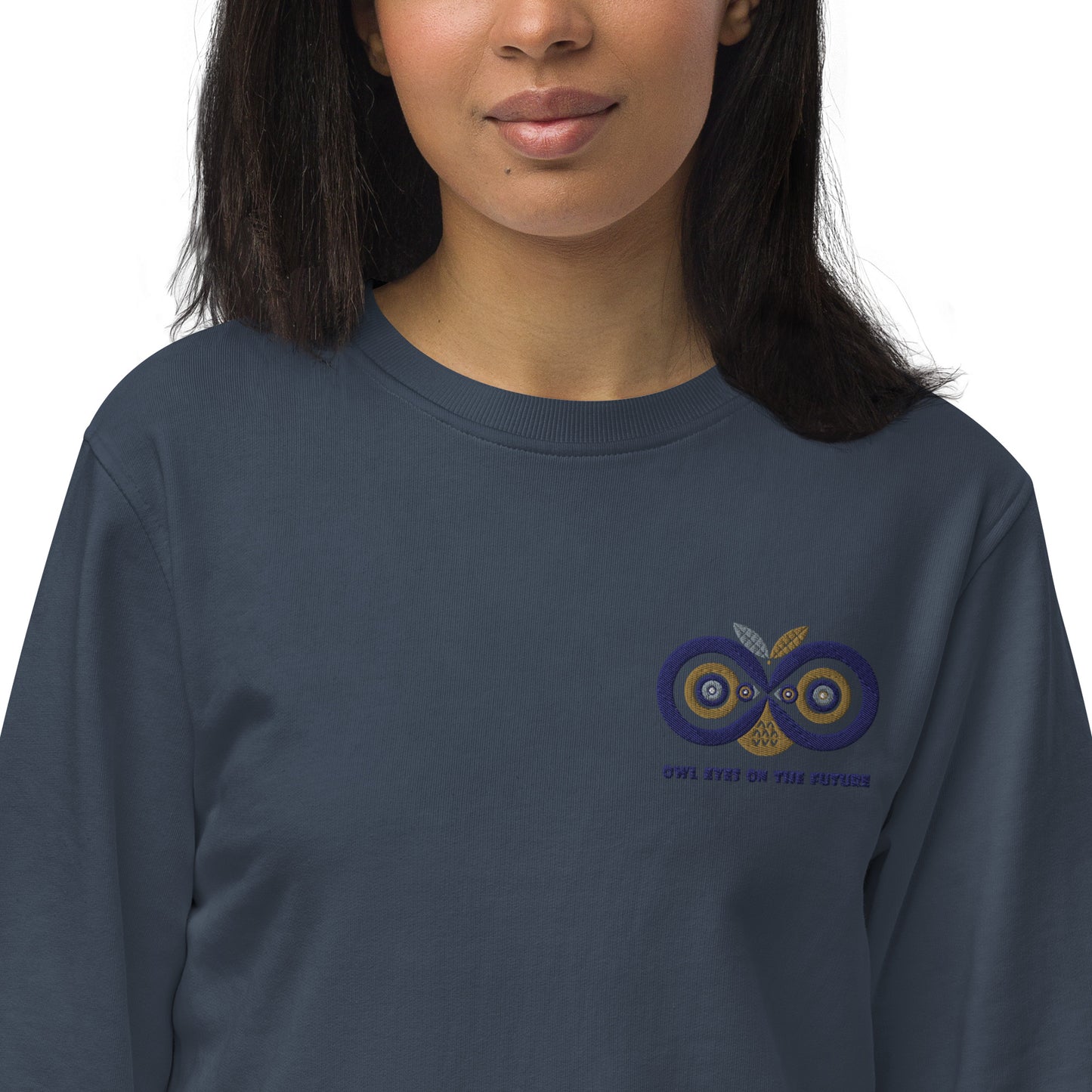 Unisex Organic Sweatshirt: Owl Eyes on the Future | Owl Embroidered Sustainable Fashion USA Dudeily