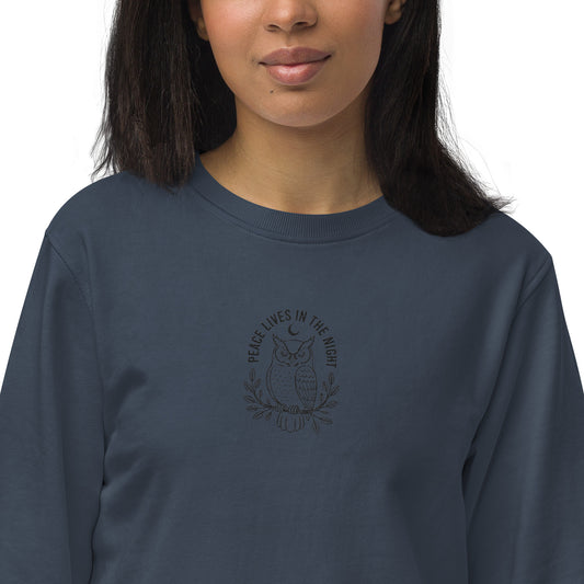 Owl Unisex Organic Sweatshirt – 'Peace Lives in the Night' in Fall | Sustainable Fashion USA Dudeily