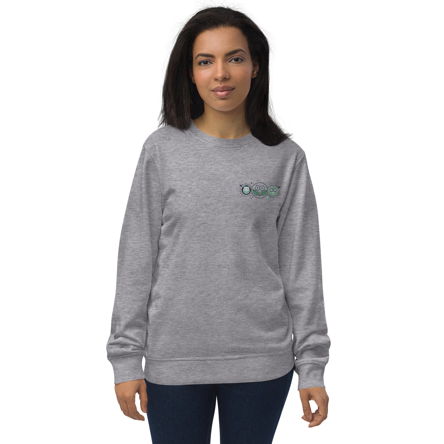 Unisex Organic Sweatshirt: Nature’s Union | Owl Embroidered Sustainable Fashion USA Grey Melange Dudeily