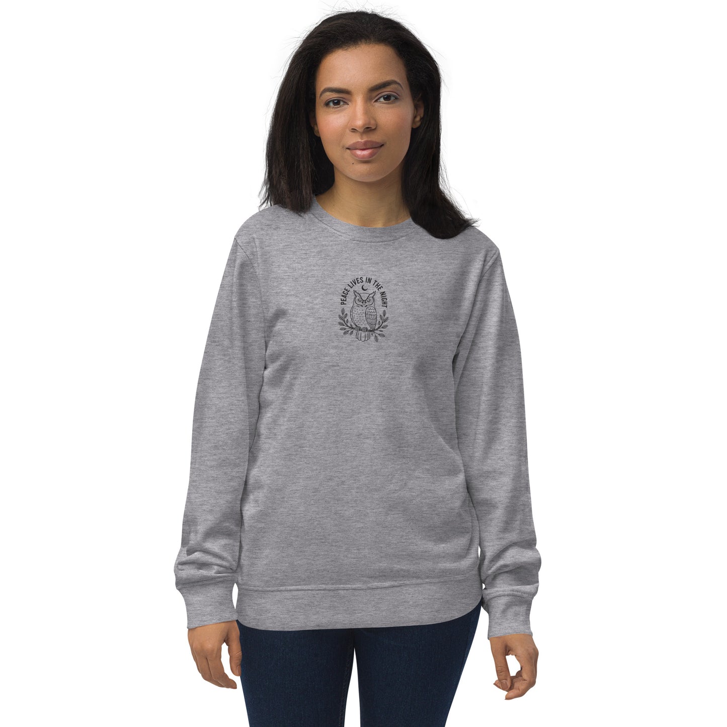 Owl Unisex Organic Sweatshirt – 'Peace Lives in the Night' in Fall | Sustainable Fashion USA Grey Melange Dudeily