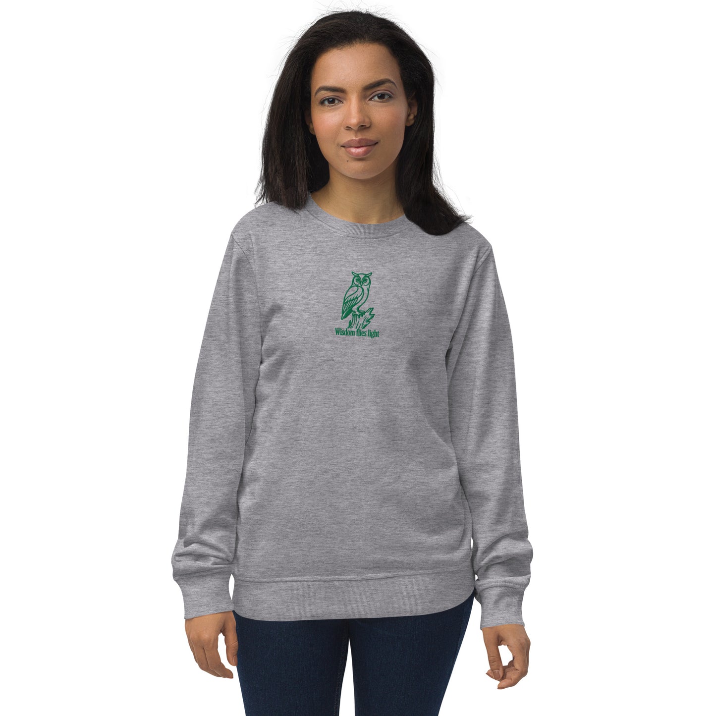 Owl Unisex Organic Sweatshirt: 'Wisdom Flies Light' in Fall | Sustainable Fashion USA Grey Melange Dudeily