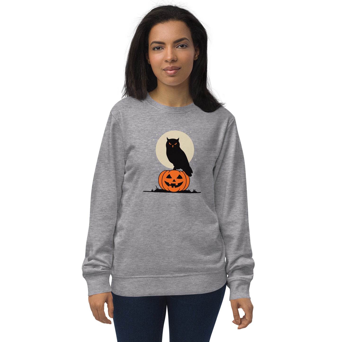 Unisex Organic Sweatshirt: Halloween Owl Cozy Eco-Friendly Style USA Grey Melange Dudeily