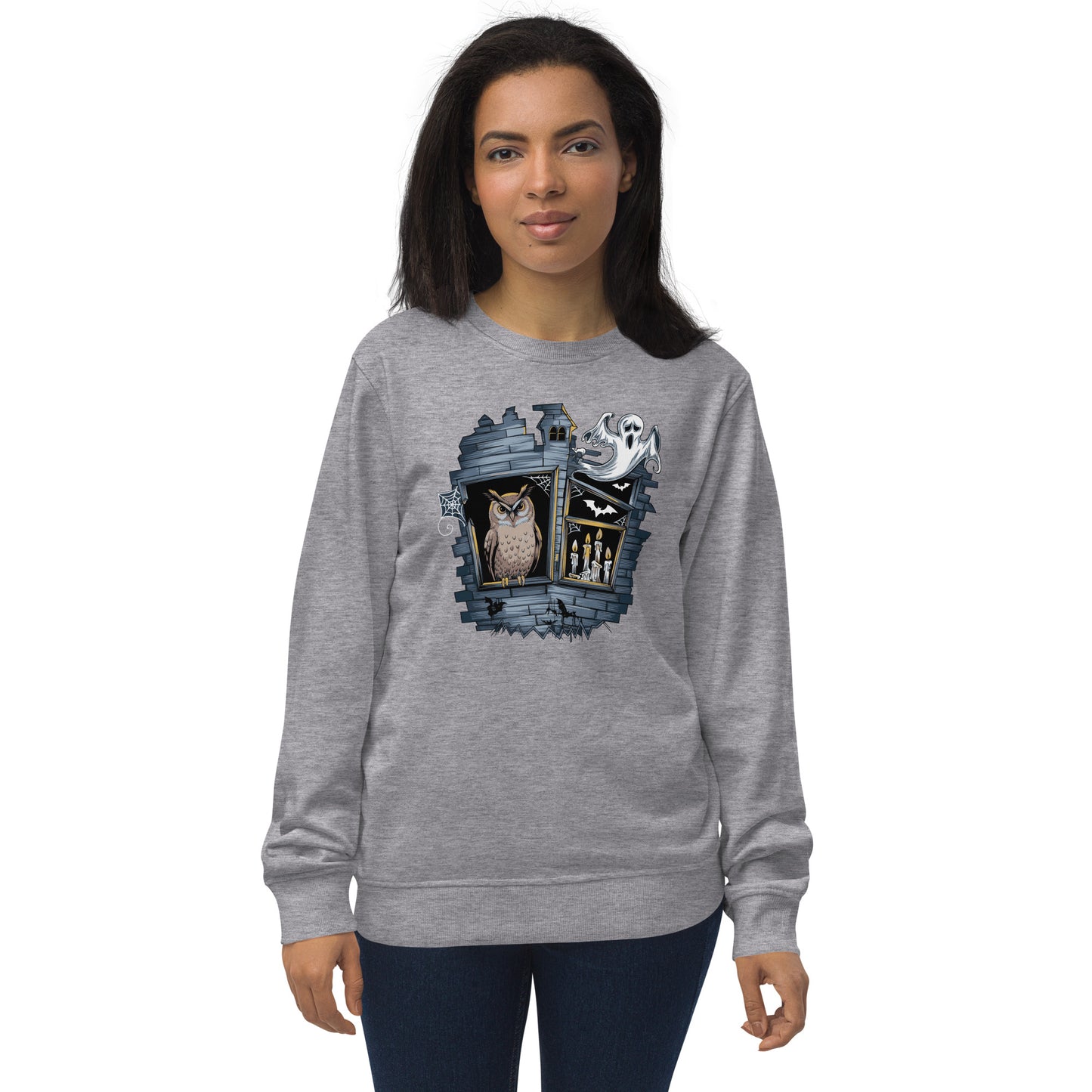 Unisex Organic Sweatshirt: Halloween Owl Cozy Eco-Friendly Style USA Grey Melange Dudeily