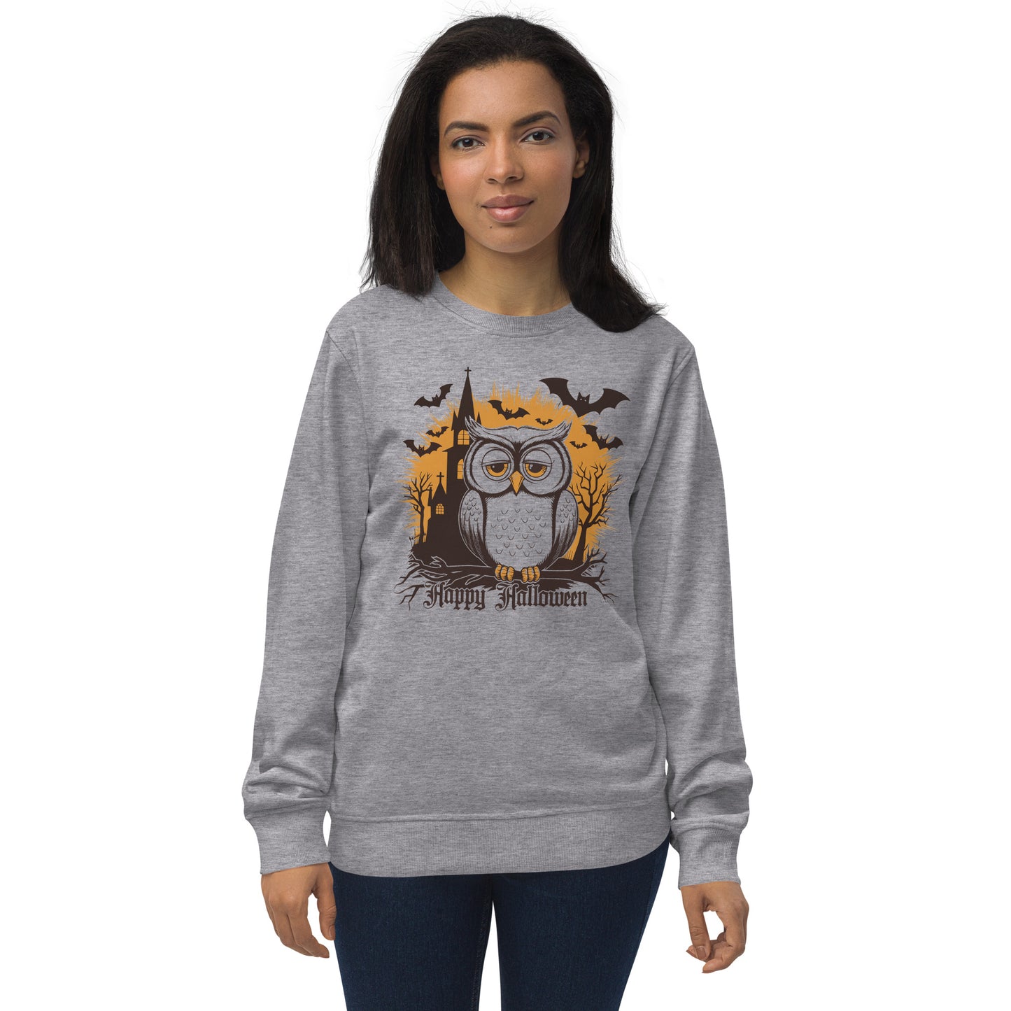 Unisex Organic Sweatshirt: Halloween Owl Cozy Eco-Friendly Style USA Grey Melange Dudeily
