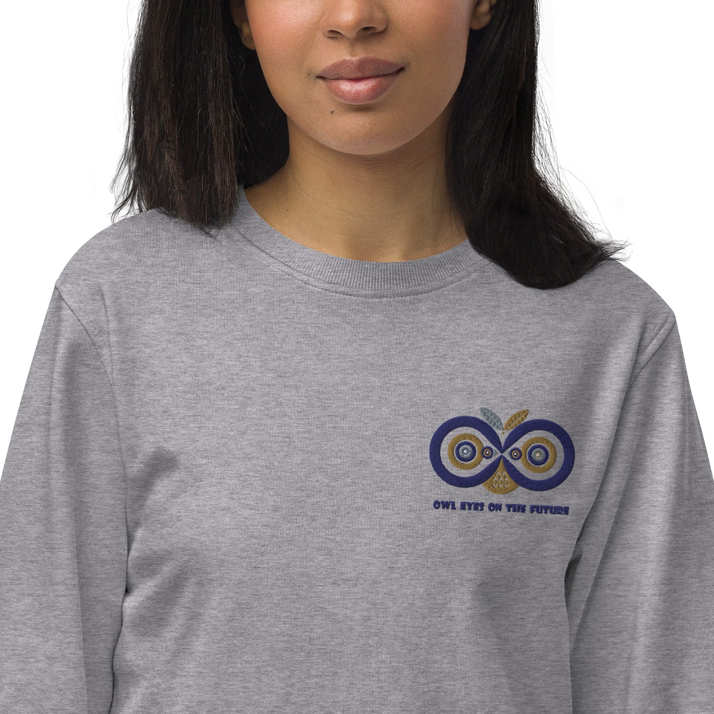 Unisex Organic Sweatshirt: Owl Eyes on the Future | Owl Embroidered Sustainable Fashion USA Dudeily