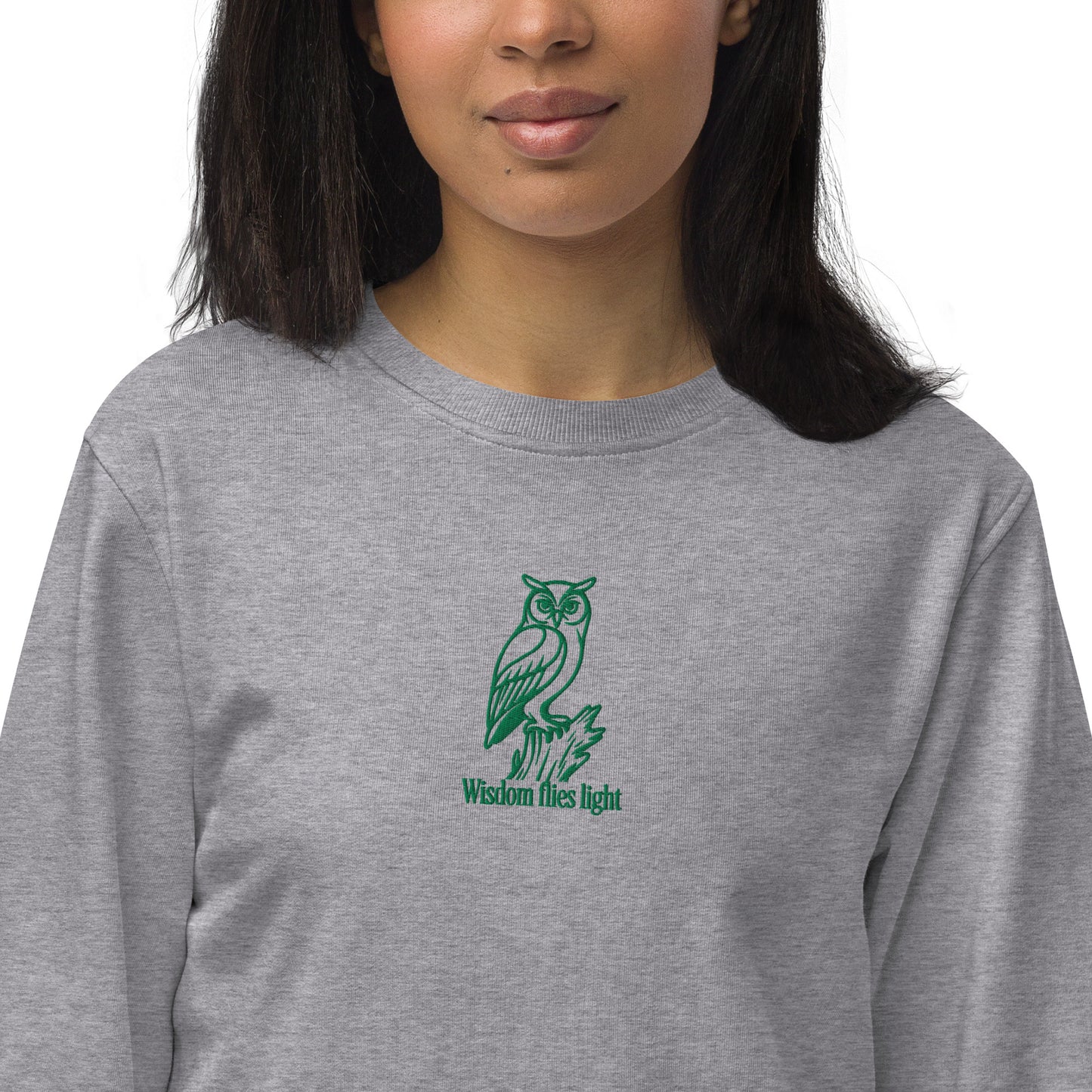 Owl Unisex Organic Sweatshirt: 'Wisdom Flies Light' in Fall | Sustainable Fashion USA Dudeily