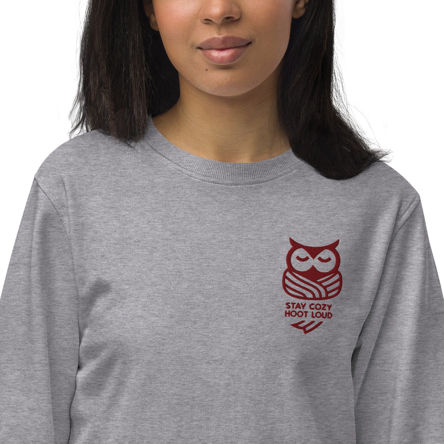 Owl Unisex Organic Sweatshirt: 'Stay Cozy Hoot Loud' in Fall | Sustainable Owl Fashion USA Grey Melange Dudeily