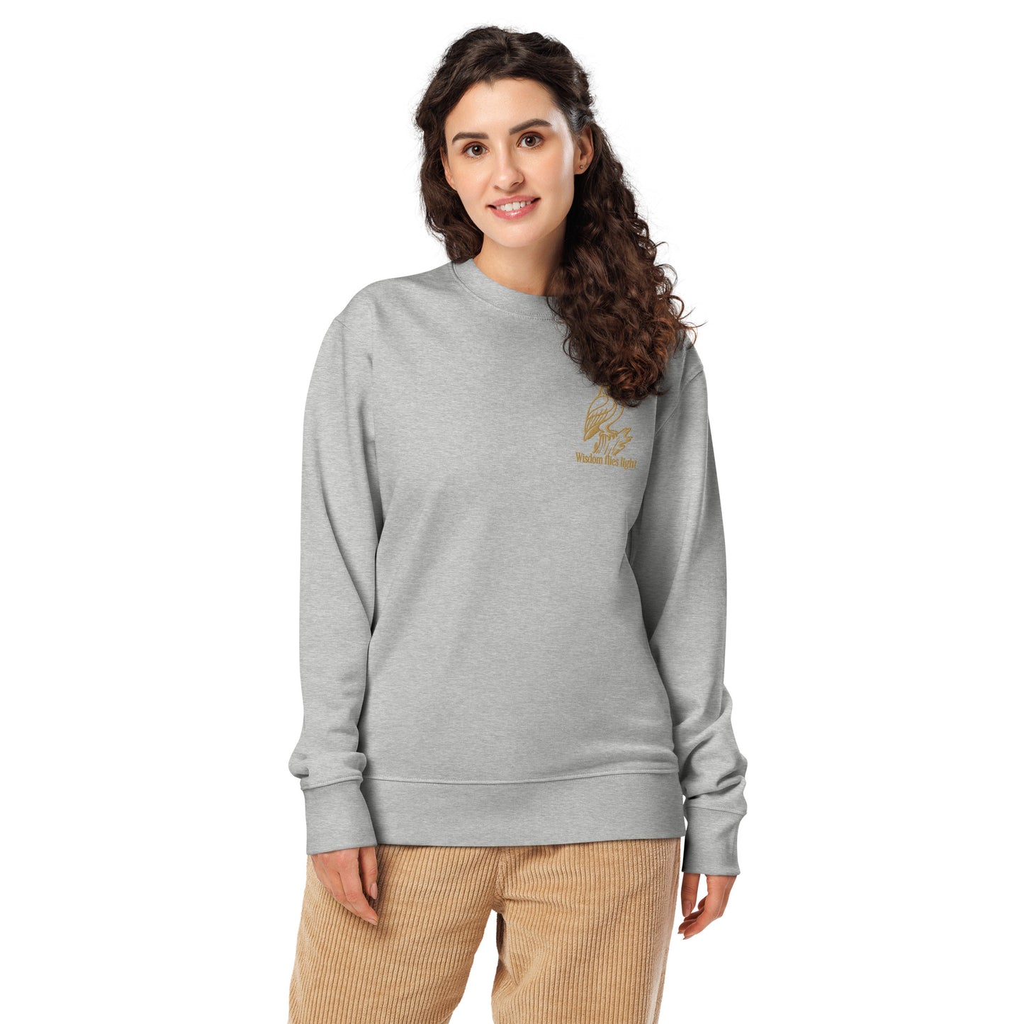 Owl Unisex Organic Sweatshirt: 'Wisdom Flies Light' in Fall | Sustainable Fashion USA Heather Grey Dudeily