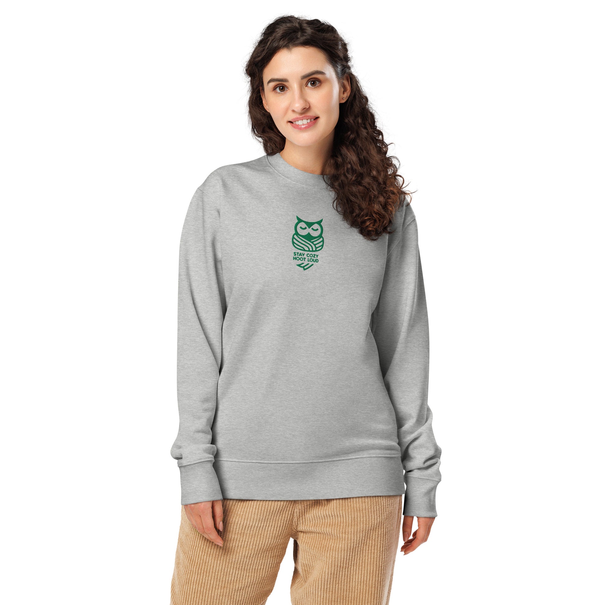 Unisex Organic Sweatshirt: "Stay Cozy Hoot Loud" in Fall | Sustainable Owl Fashion USA Dudeily