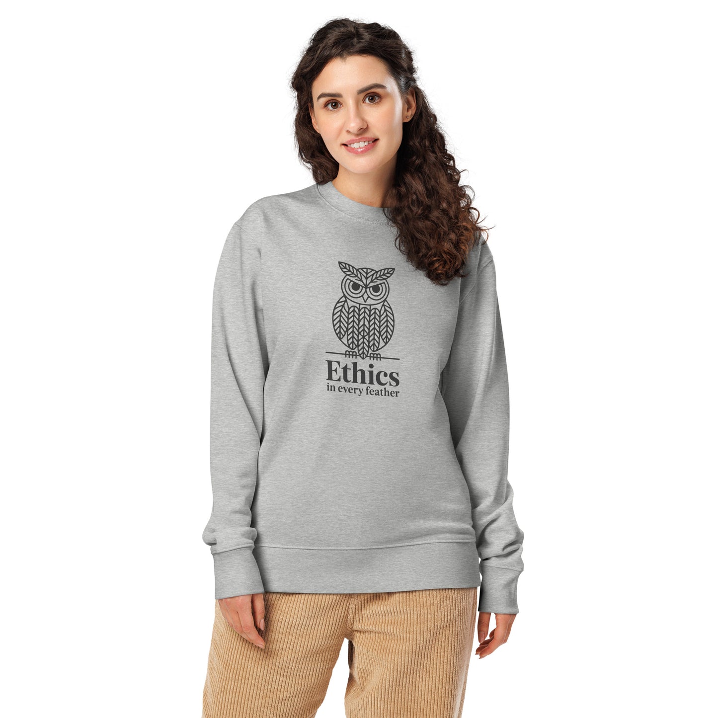 Unisex Organic Sweatshirt: 'Ethics in Every Feather' for Fall | Eco-Friendly Owl Apparel USA Heather Grey Dudeily