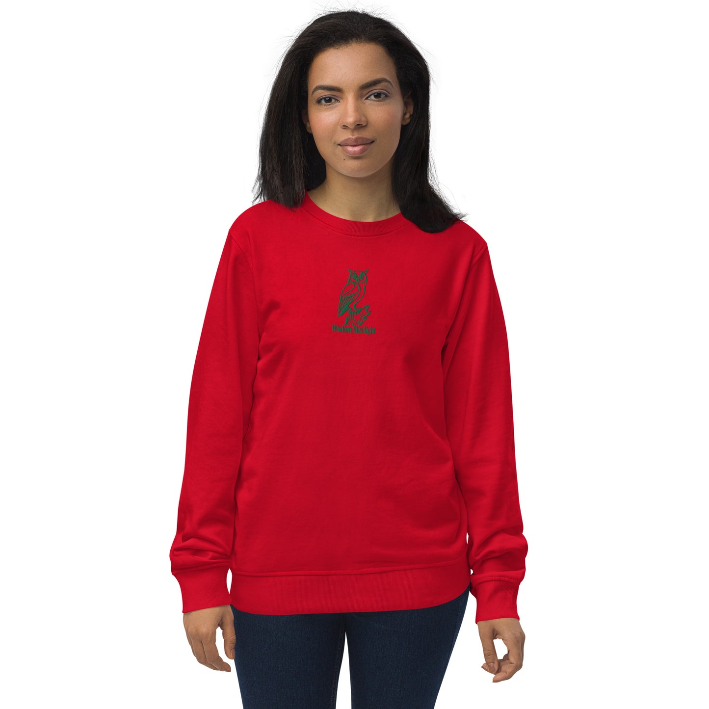 Owl Unisex Organic Sweatshirt: 'Wisdom Flies Light' in Fall | Sustainable Fashion USA Red Dudeily