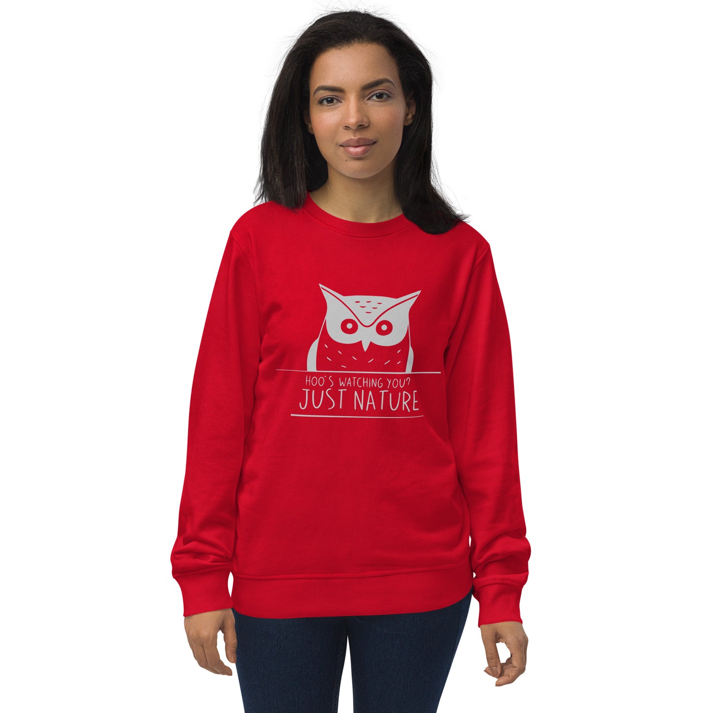Unisex Organic Sweatshirt: 'Hoo's Watching You? Just Nature' | Sustainable Owl Fashion USA Red Dudeily