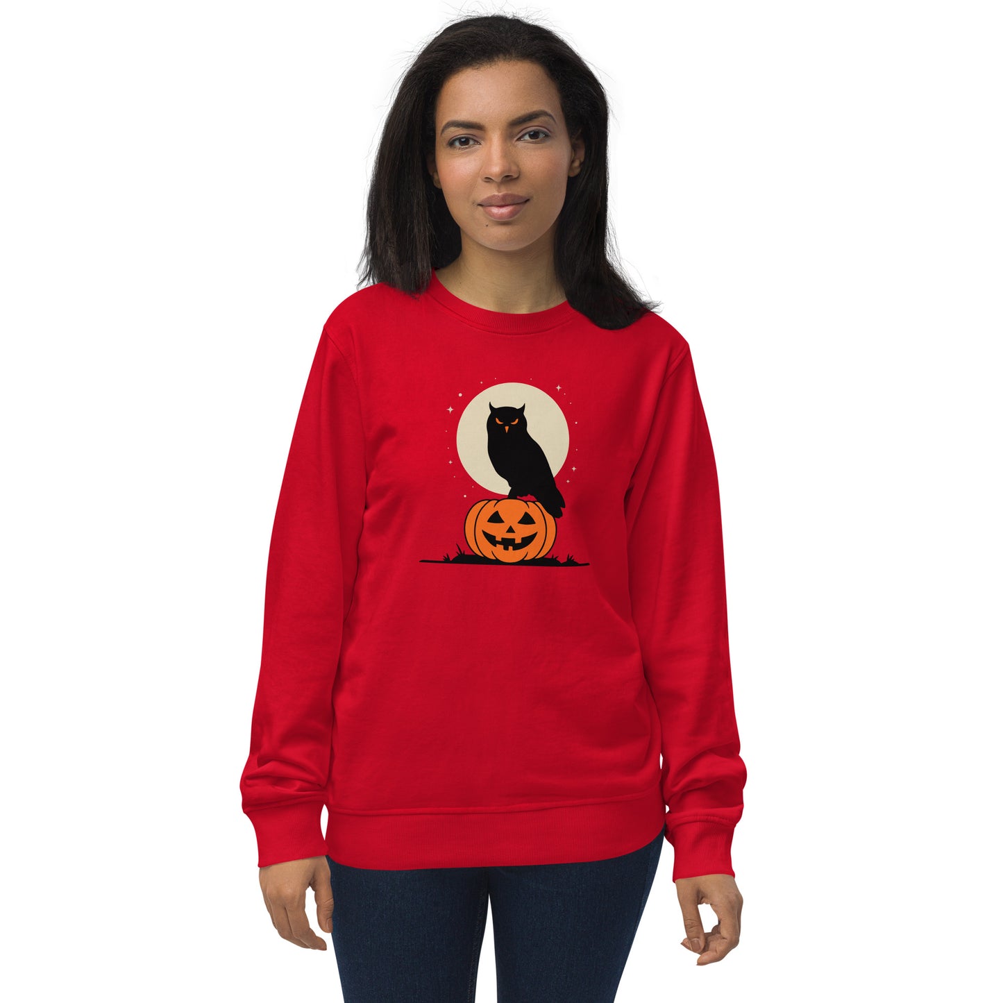 Unisex Organic Sweatshirt: Halloween Owl Cozy Eco-Friendly Style USA Red Dudeily