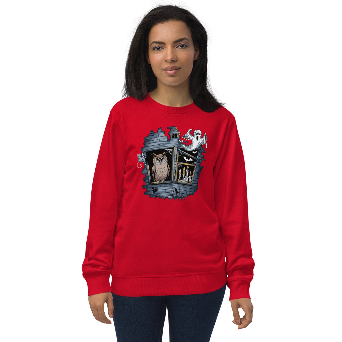 Unisex Organic Sweatshirt: Halloween Owl Cozy Eco-Friendly Style USA Red Dudeily