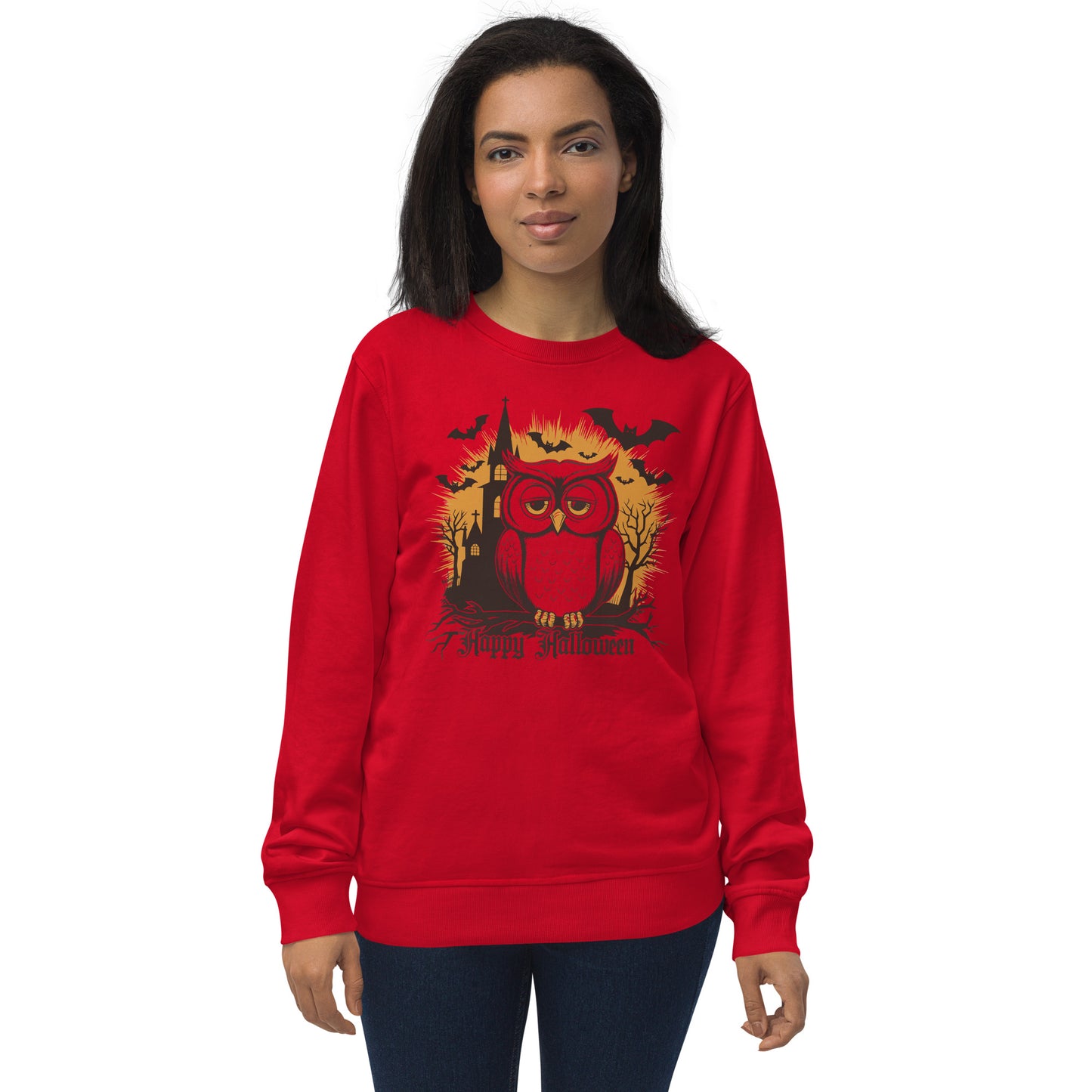 Unisex Organic Sweatshirt: Halloween Owl Cozy Eco-Friendly Style USA Red Dudeily