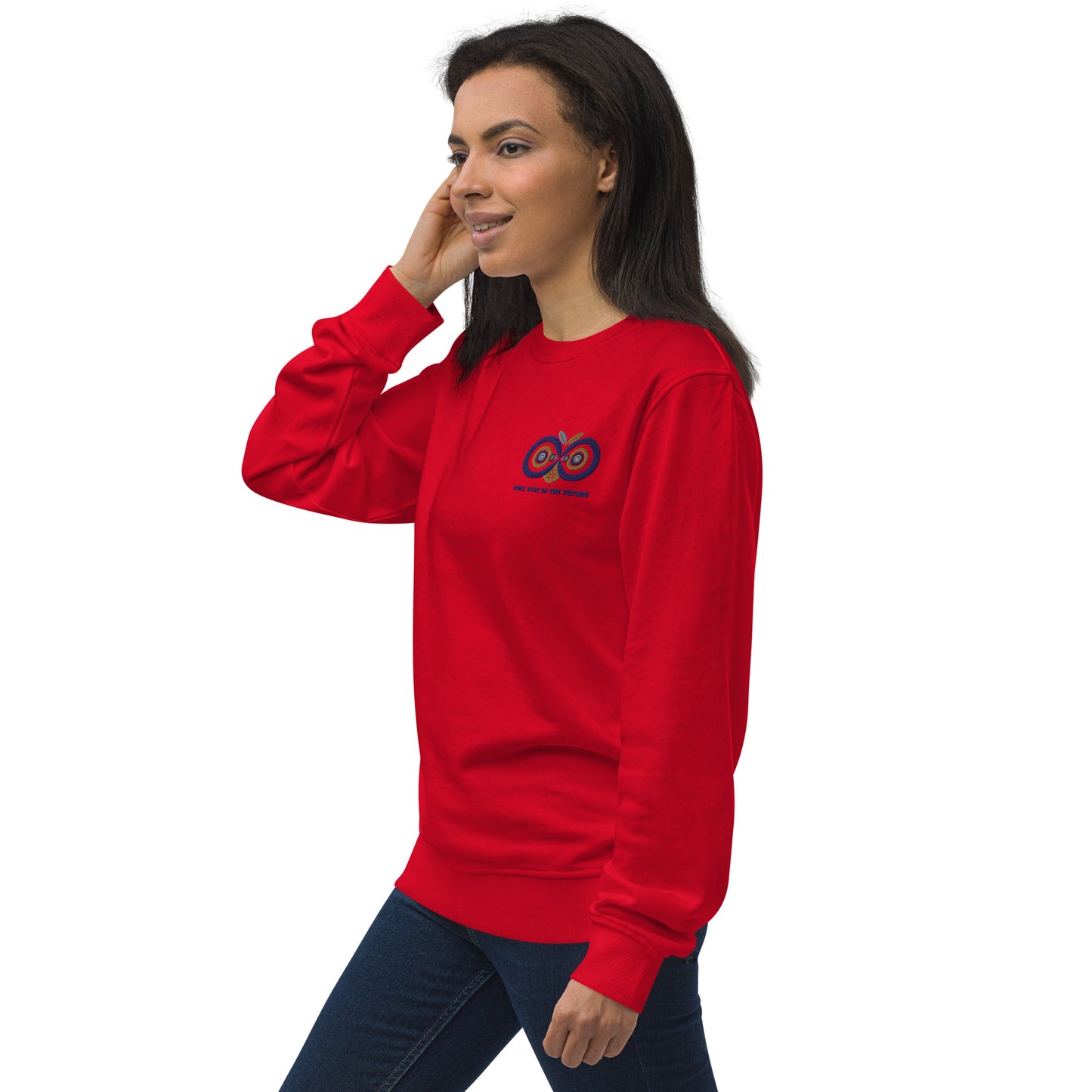 Unisex Organic Sweatshirt: Owl Eyes on the Future | Owl Embroidered Sustainable Fashion USA Dudeily