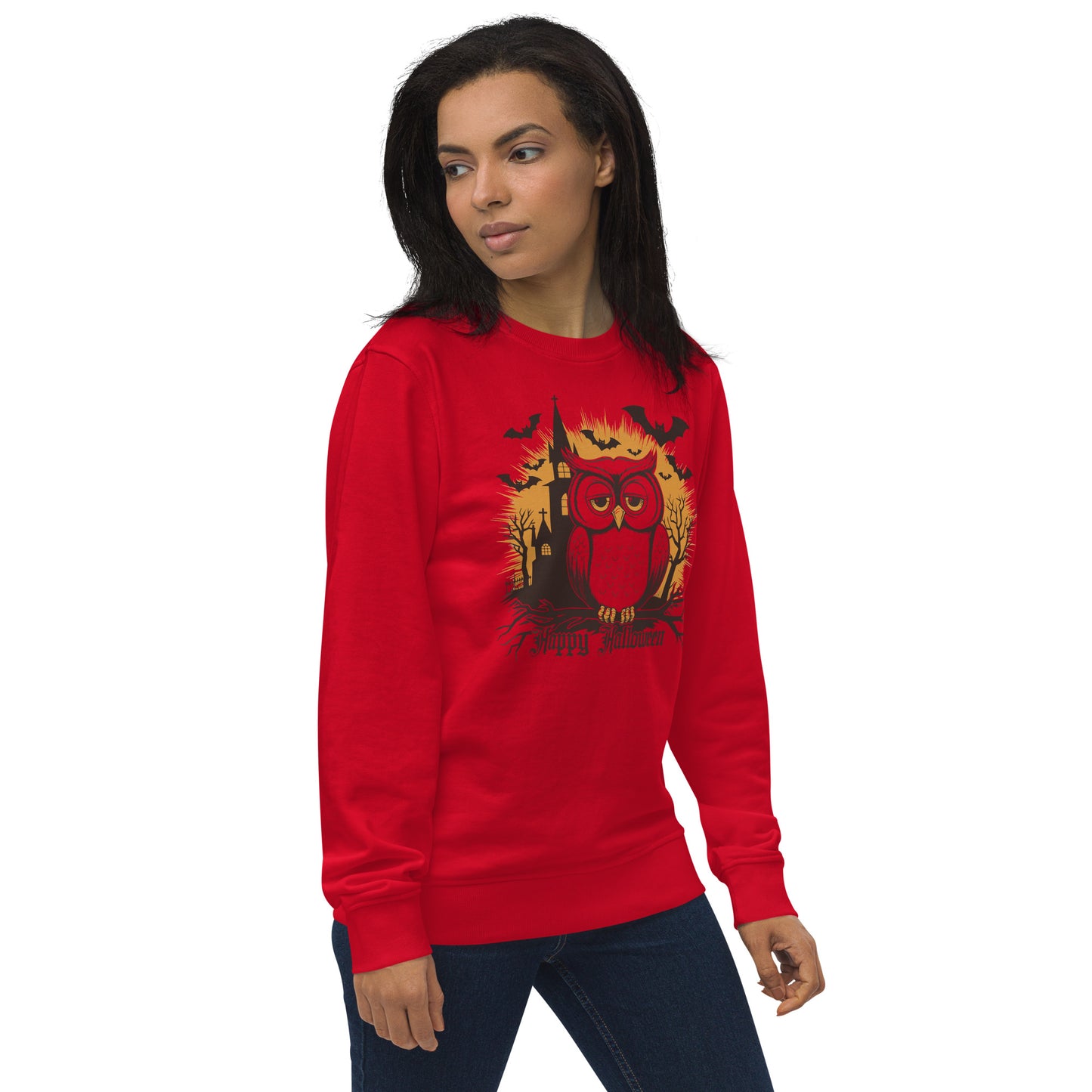 Unisex Organic Sweatshirt: Halloween Owl Cozy Eco-Friendly Style USA Dudeily