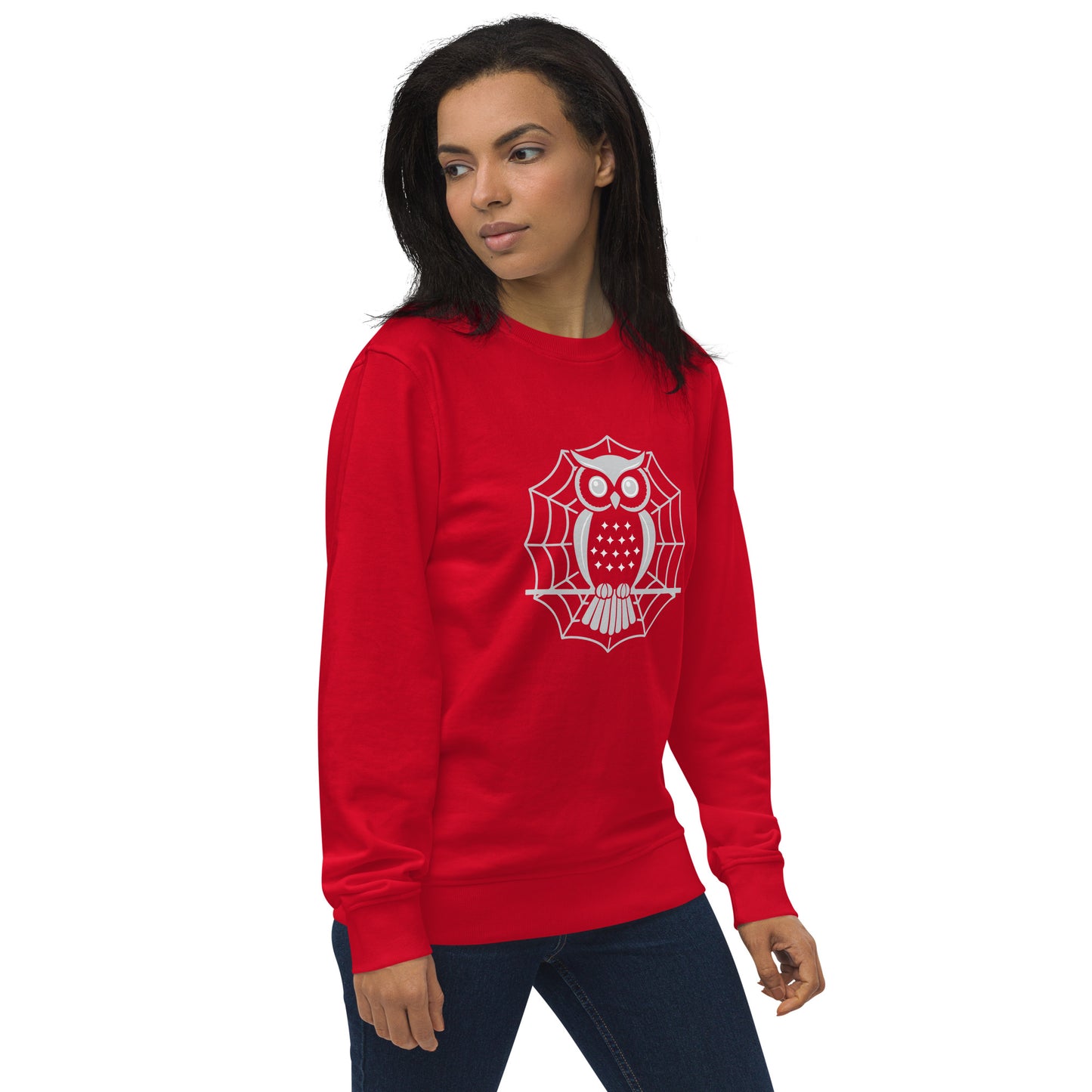Unisex Organic Sweatshirt: Halloween Owl Cozy Sustainable Style USA Red Dudeily