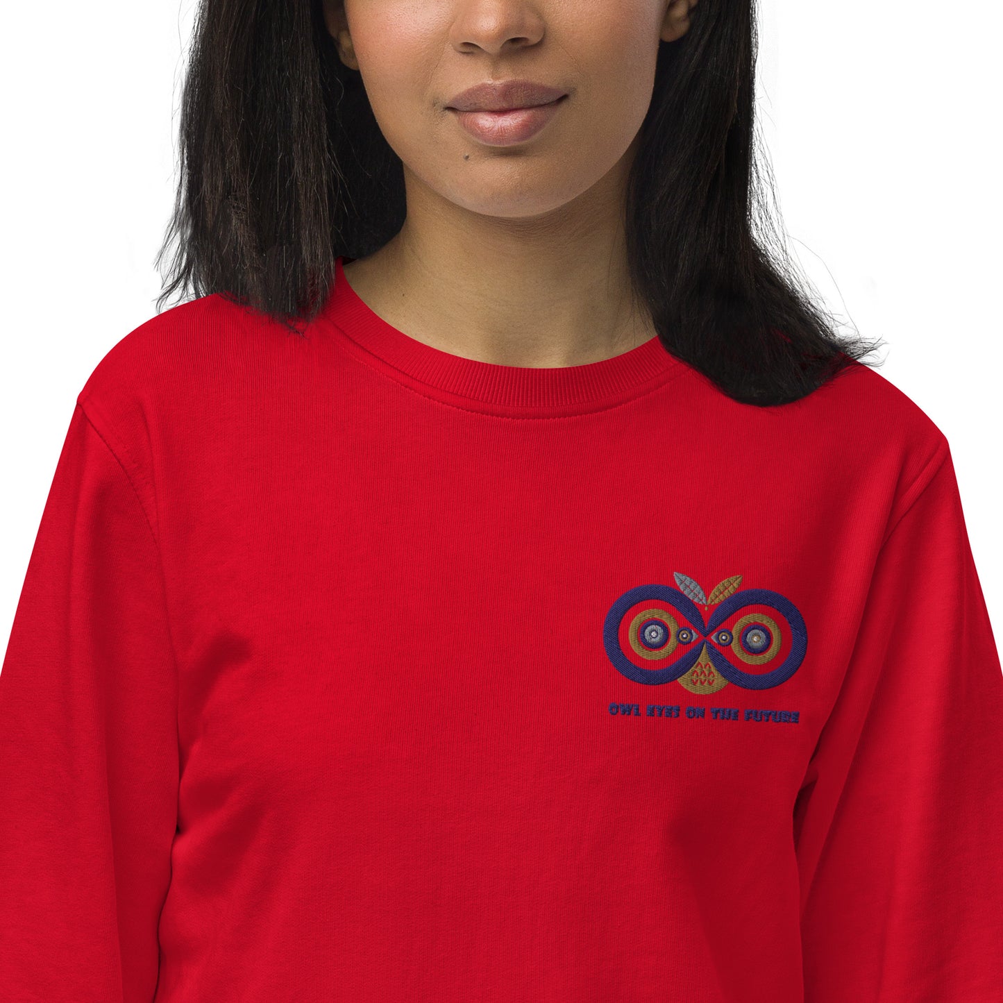 Unisex Organic Sweatshirt: Owl Eyes on the Future | Owl Embroidered Sustainable Fashion USA Dudeily