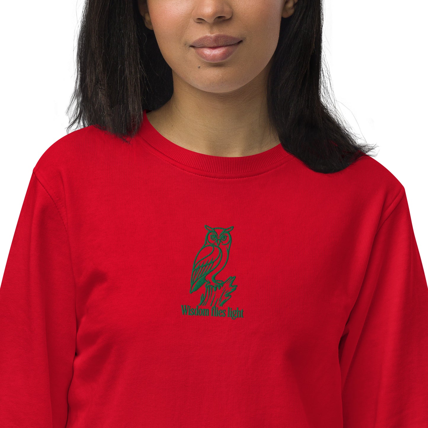Owl Unisex Organic Sweatshirt: 'Wisdom Flies Light' in Fall | Sustainable Fashion USA Dudeily