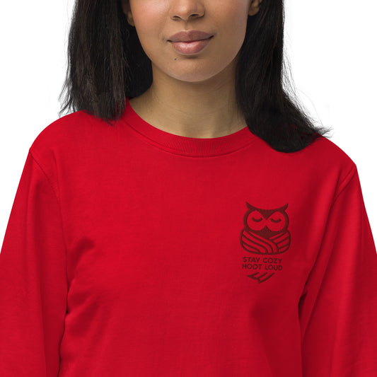 Owl Unisex Organic Sweatshirt: 'Stay Cozy Hoot Loud' in Fall | Sustainable Owl Fashion USA Red Dudeily