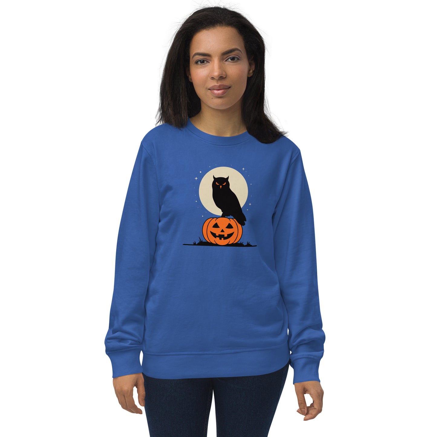 Unisex Organic Sweatshirt: Halloween Owl Cozy Eco-Friendly Style USA Royal Blue Dudeily