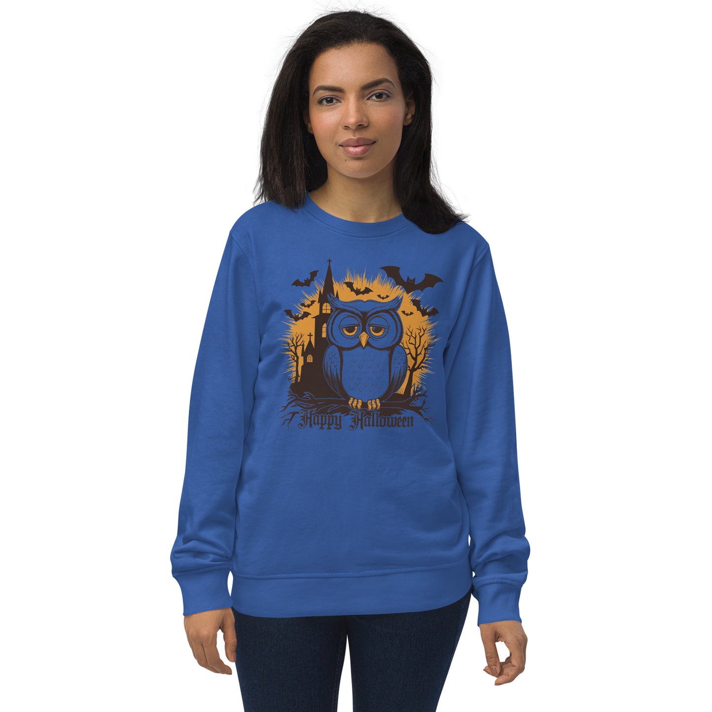 Unisex Organic Sweatshirt: Halloween Owl Cozy Eco-Friendly Style USA Royal Blue Dudeily