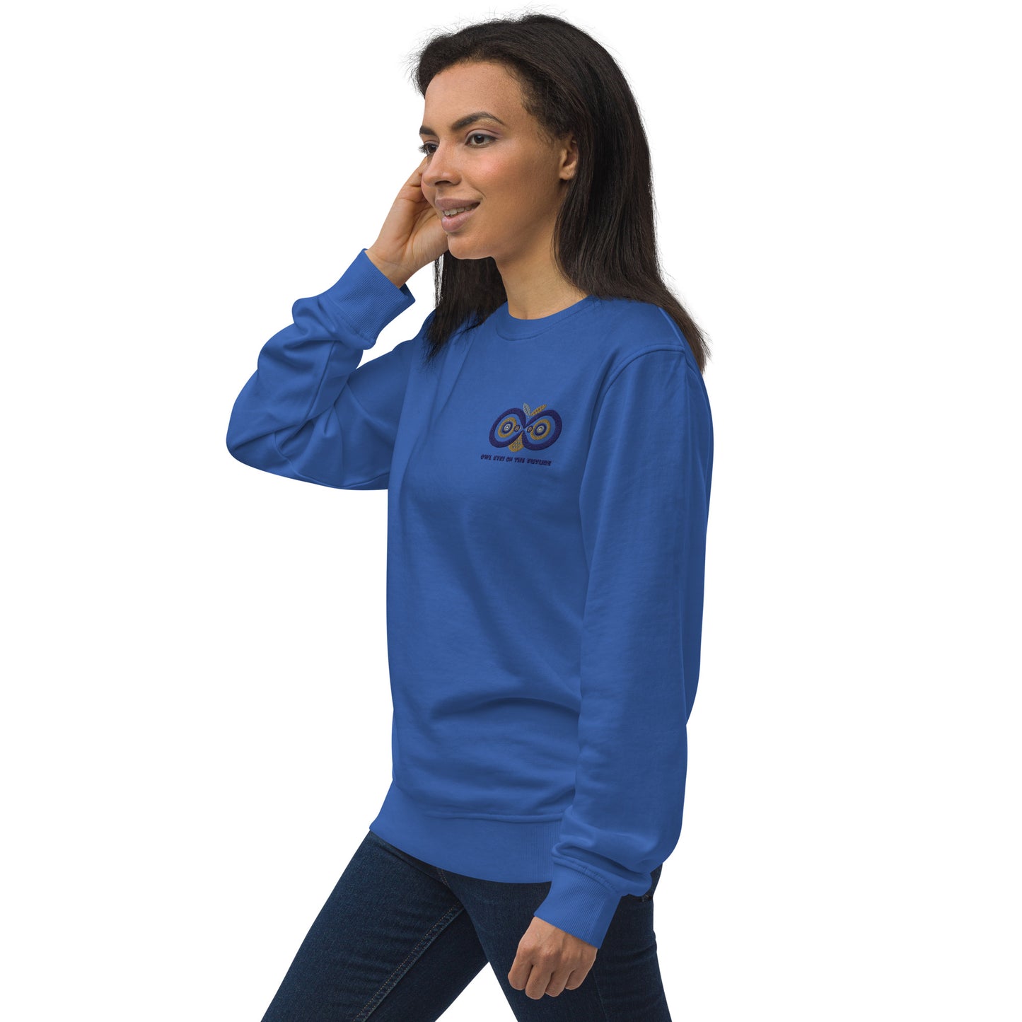 Unisex Organic Sweatshirt: Owl Eyes on the Future | Owl Embroidered Sustainable Fashion USA Dudeily
